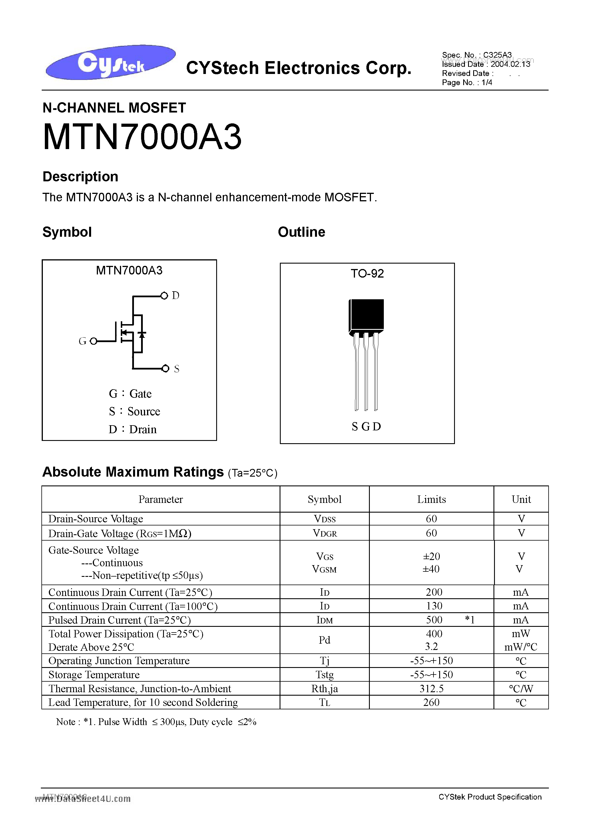 Datasheet MTN7000A3 - N-CHANNEL MOSFET page 1