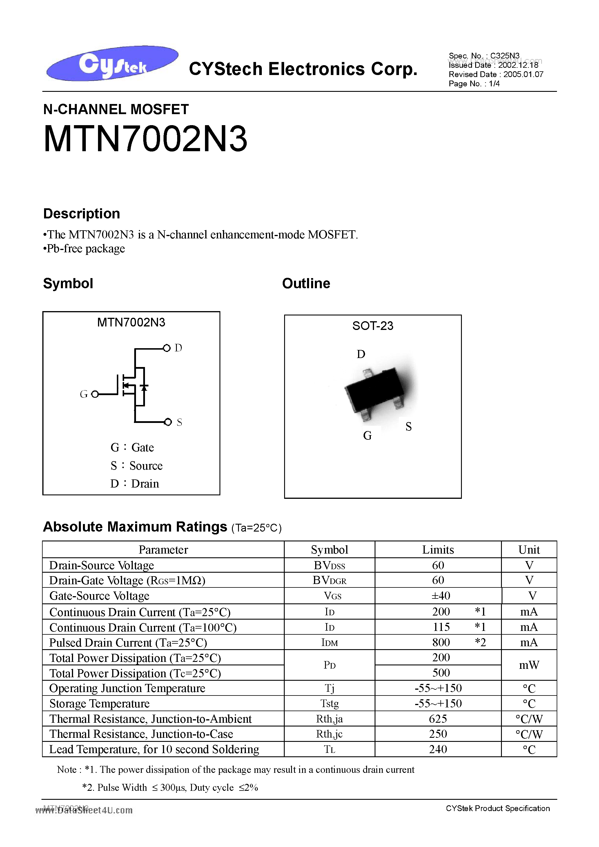 Datasheet MTN7002N3 page 1 Datasheet MTN7002N3 - N-CHANNEL MOSFET page 1