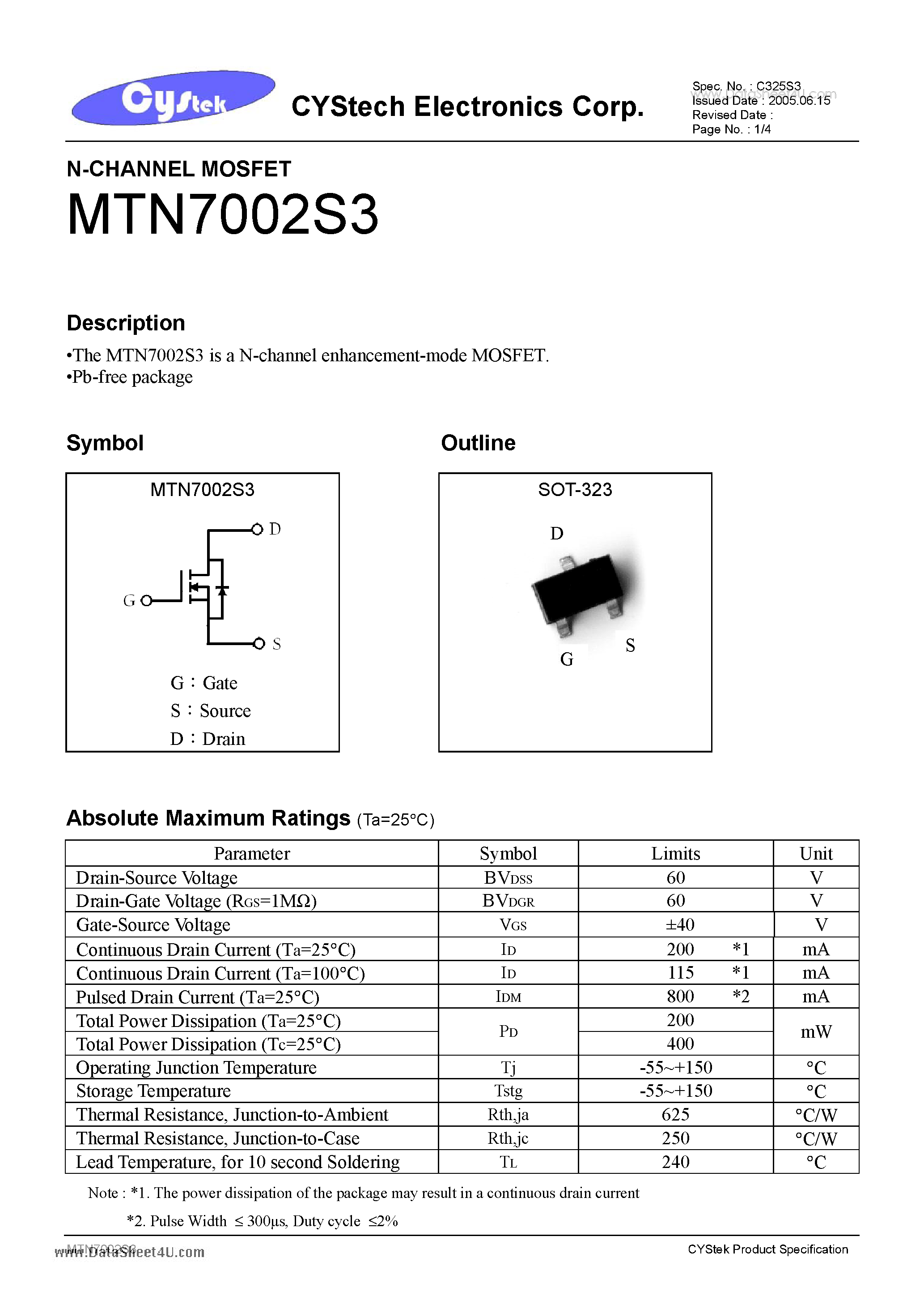 Datasheet MTN7002S3 - N-CHANNEL MOSFET page 1