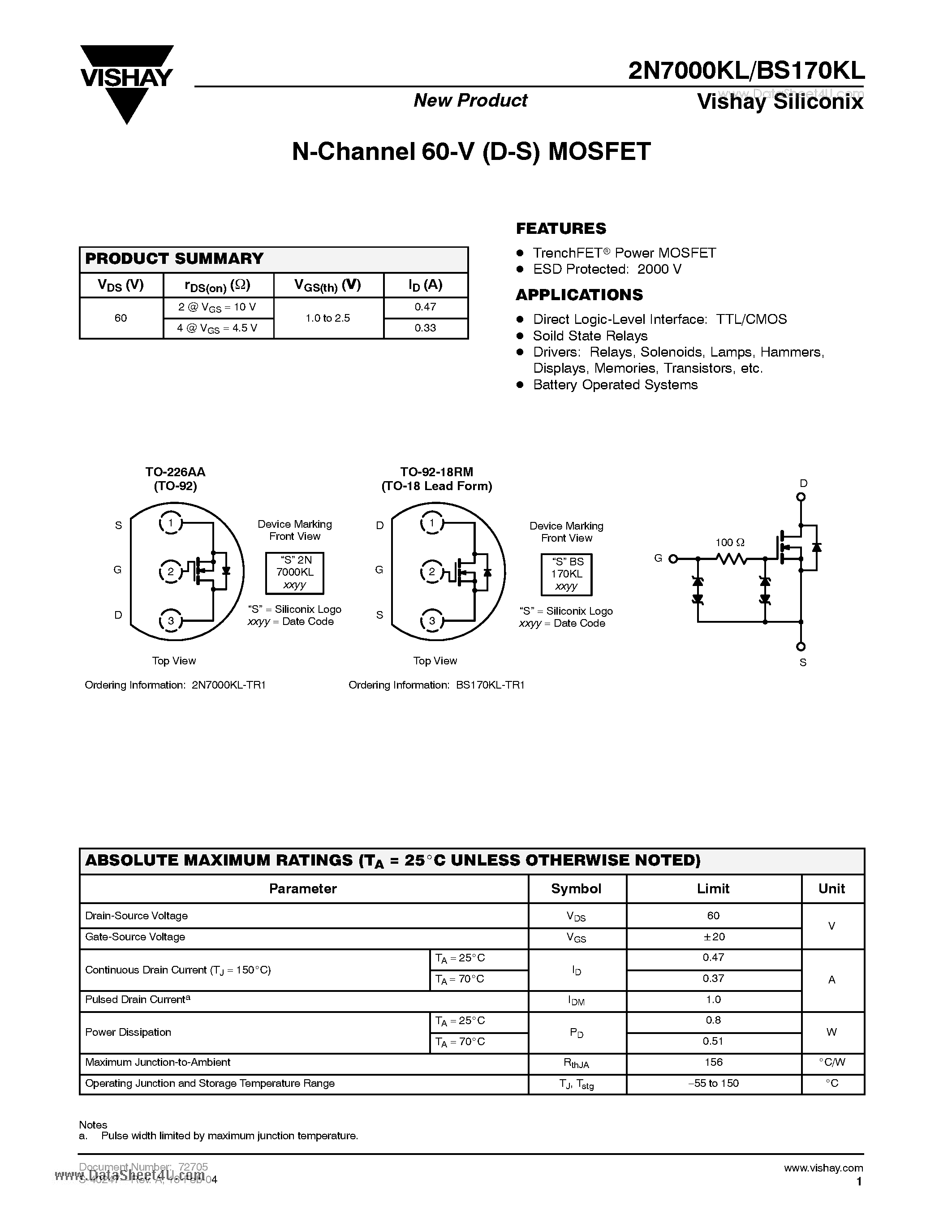 Даташит на микросхему 2N7000KL страница 1 Даташит 2N7000KL - N-Channel 60-V (D-S) MOSFET страница 1