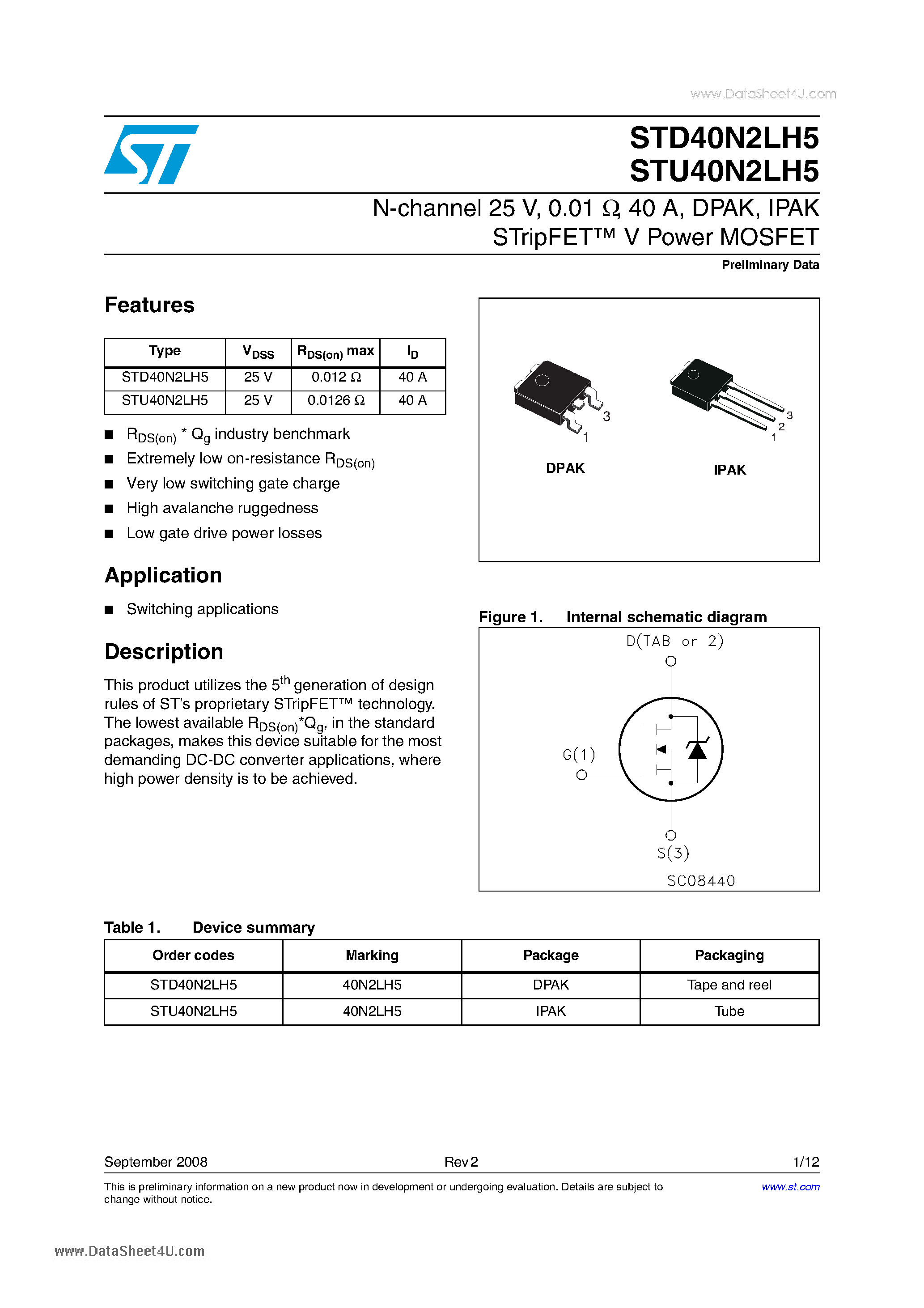 Даташит STD40N2LH5 - N-channel Power MOSFET страница 1