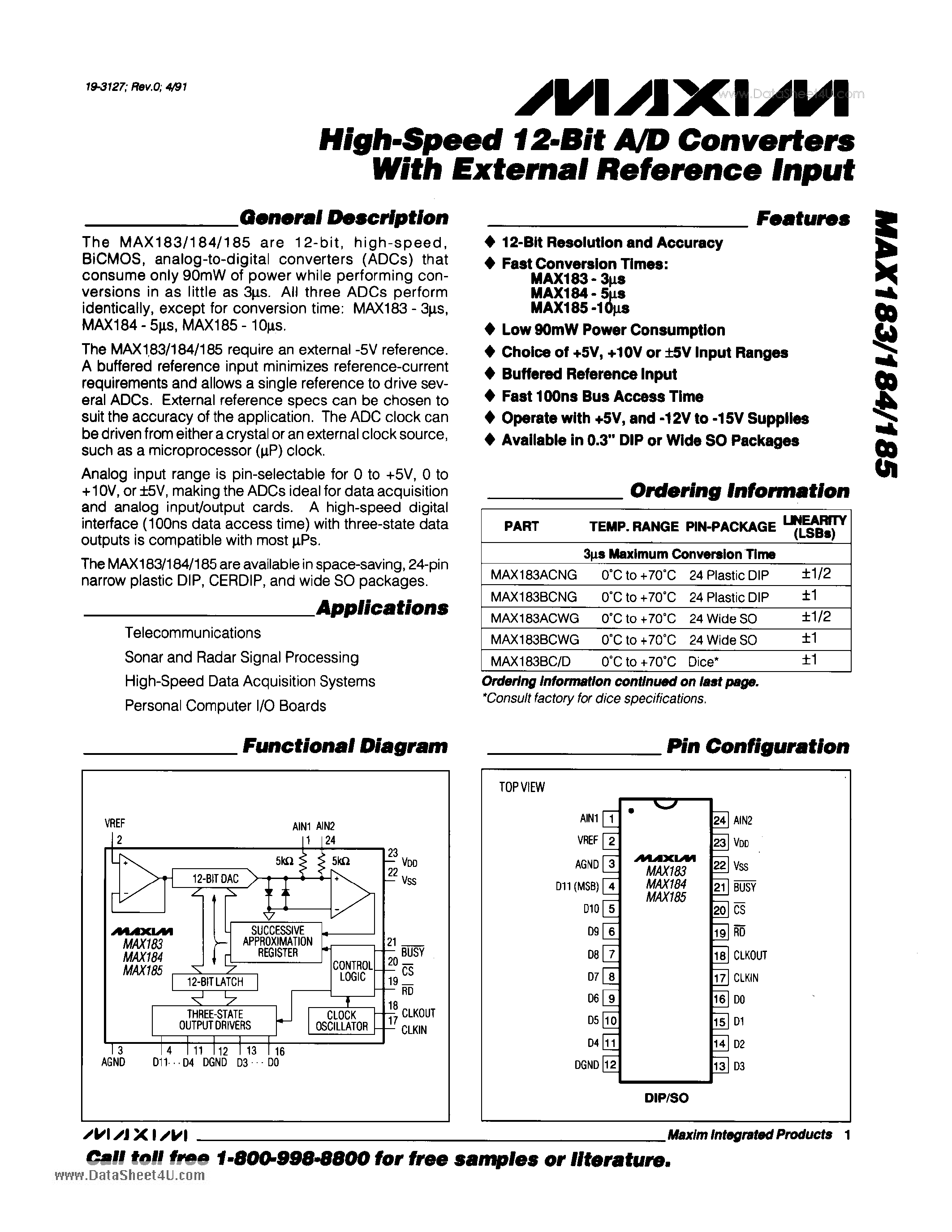 Даташит на микросхему MAX183 страница 1 Даташит MAX183 - (MAX183 - MAX185) High-Speed 12-Bit A/D Converters страница 1