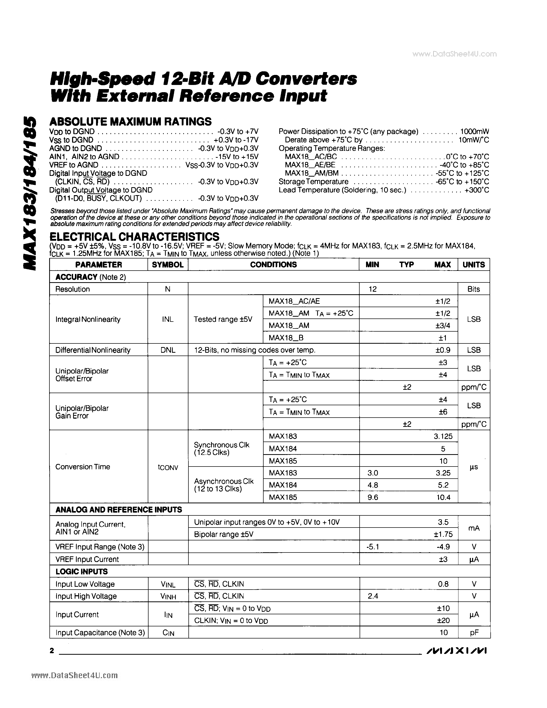 Даташит на микросхему MAX183 страница 2 Даташит MAX183 - (MAX183 - MAX185) High-Speed 12-Bit A/D Converters страница 2