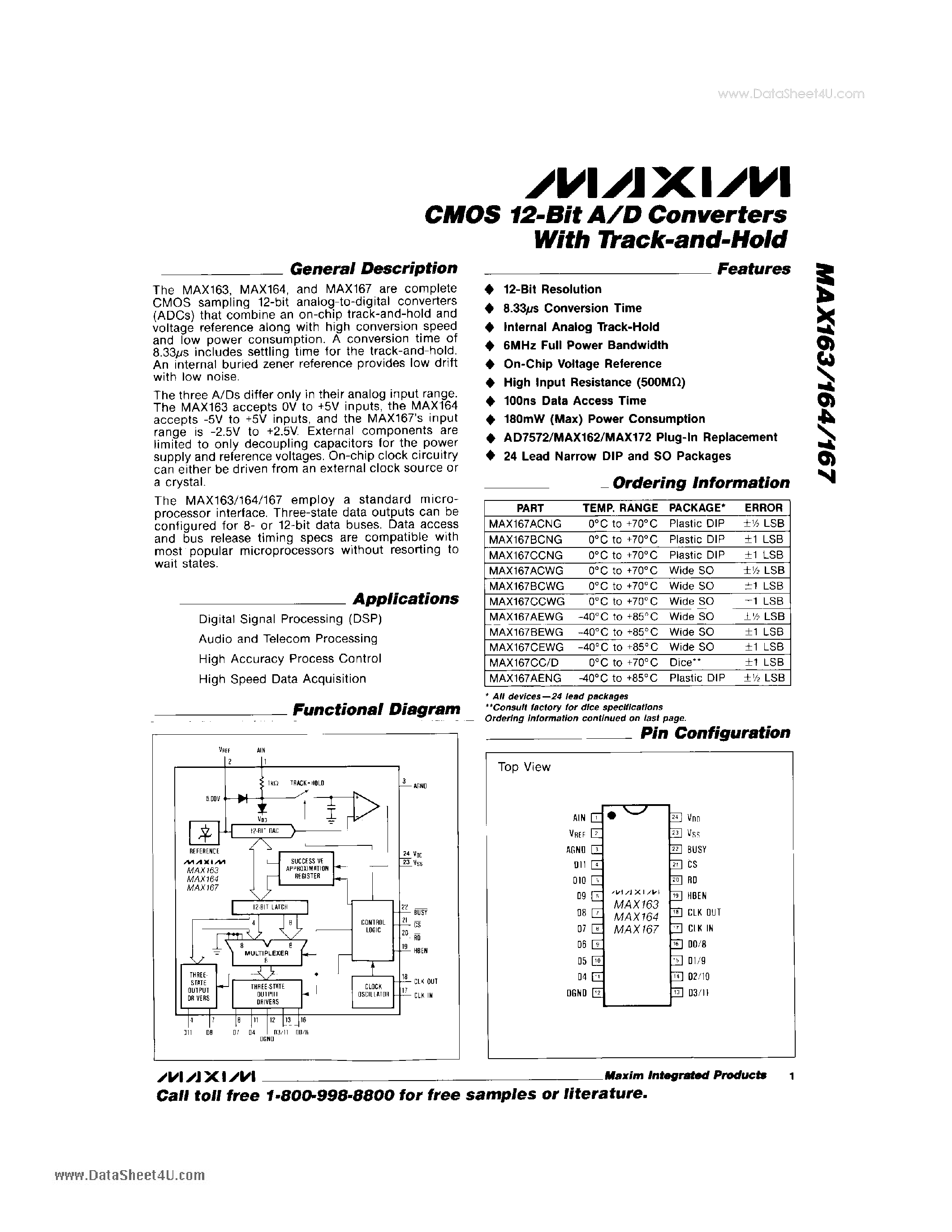 Даташит MAX163 - (MAX163 - MAX167) CMOS 12-Bit A/D Converters страница 1
