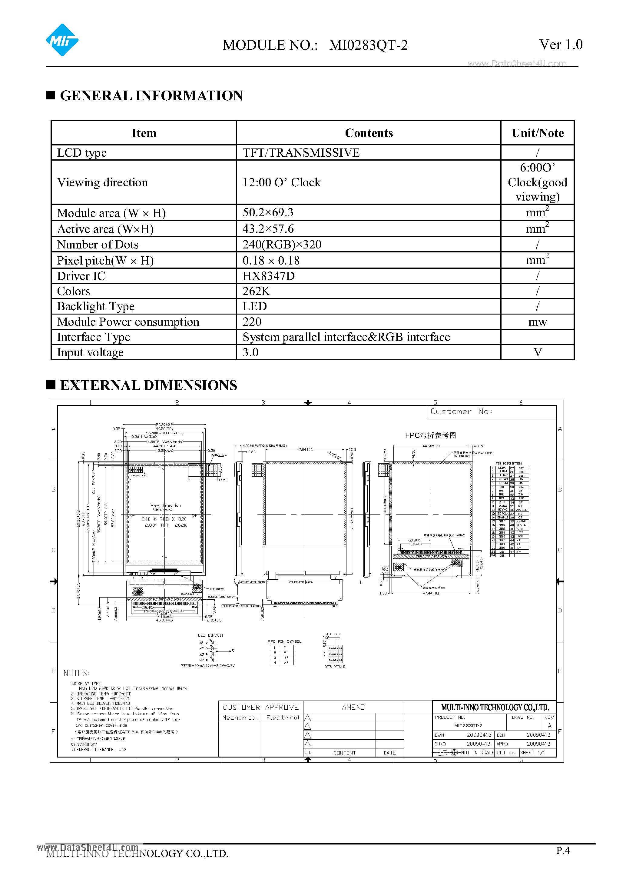 Datasheet MI0283QT-2 - LCD Module page 1