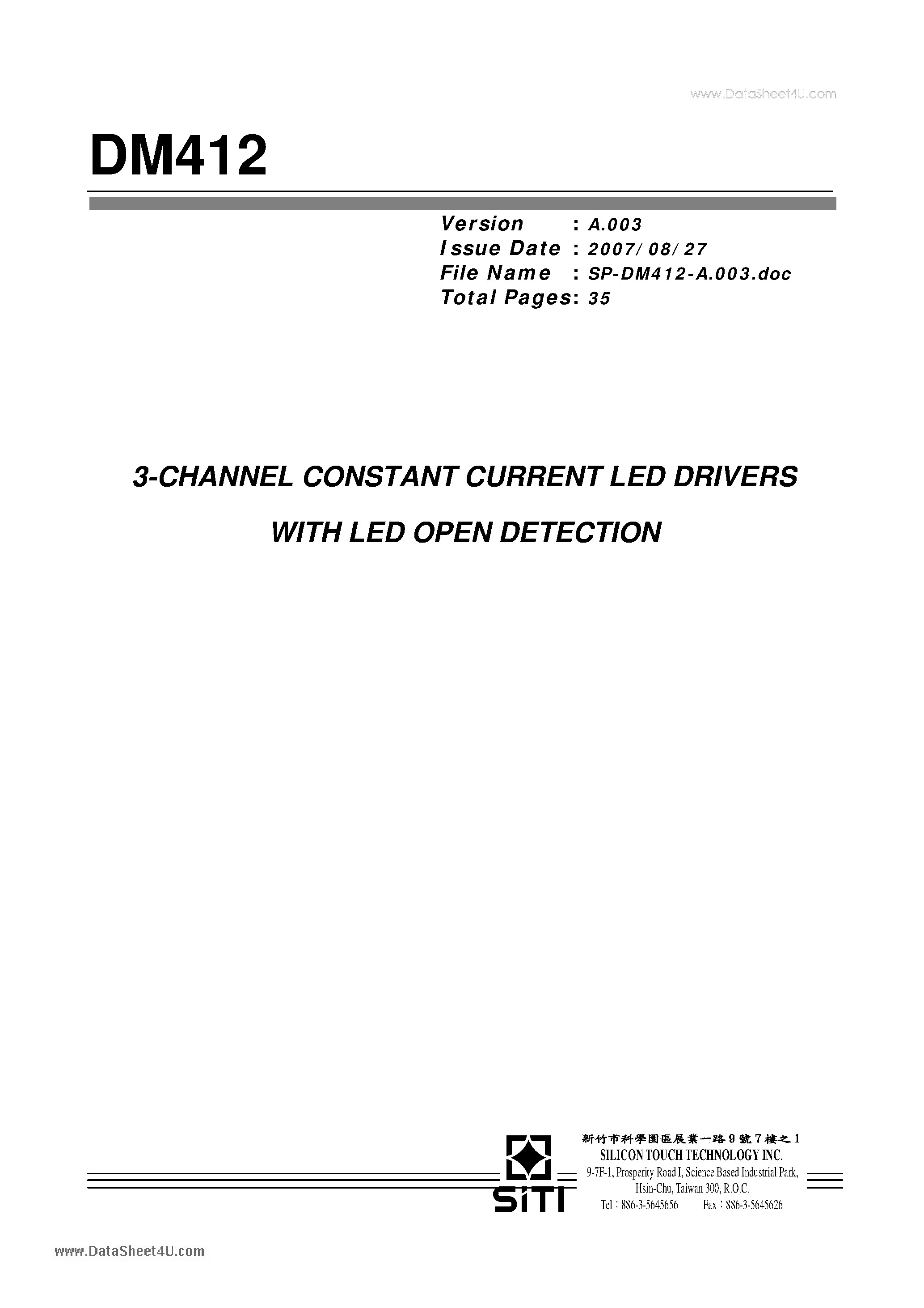 Datasheet DM412 page 1 Datasheet DM412 - 3-CHANNEL CONSTANT CURRENT LED DRIVERS page 1