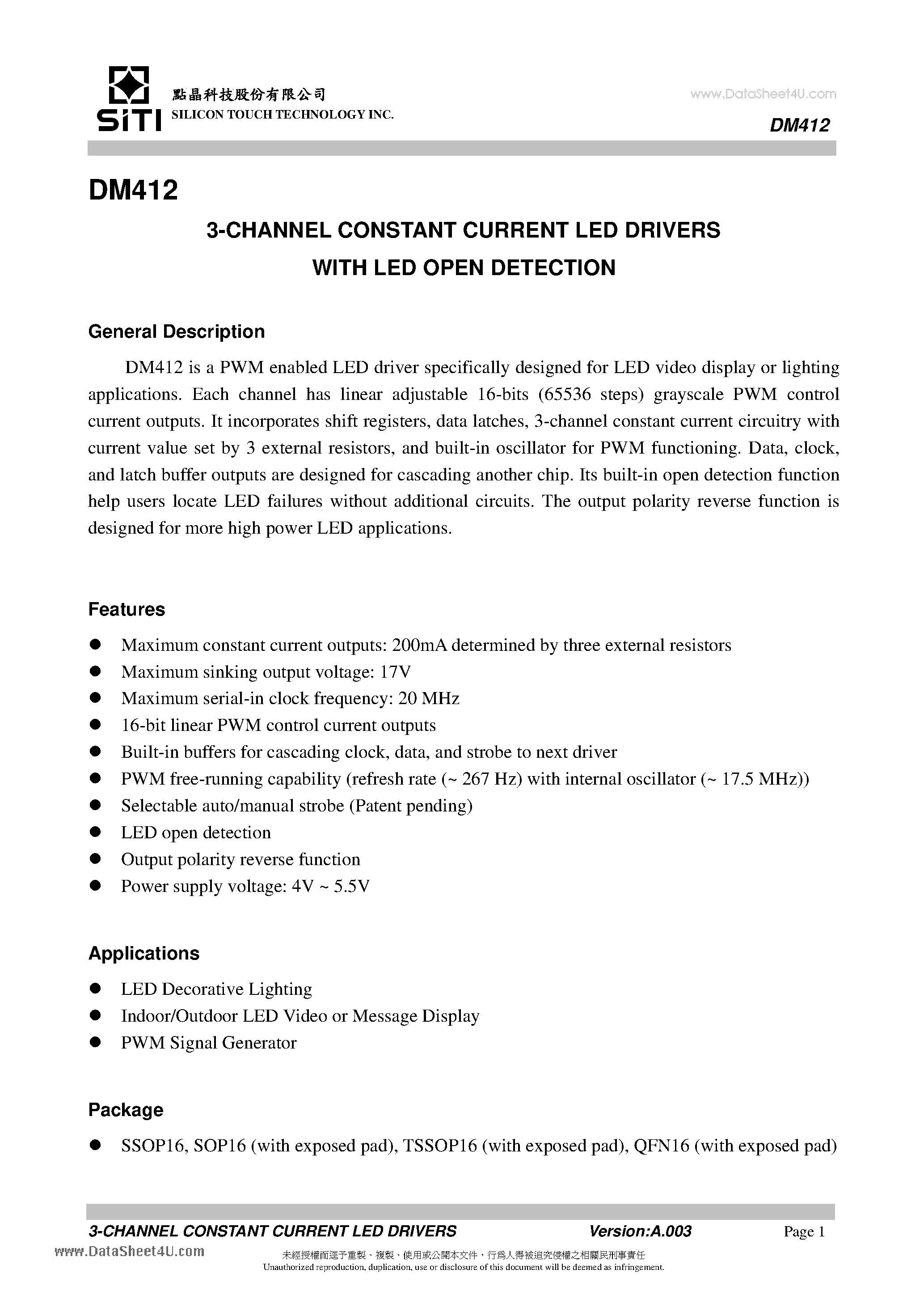 Datasheet DM412 page 2 Datasheet DM412 - 3-CHANNEL CONSTANT CURRENT LED DRIVERS page 2