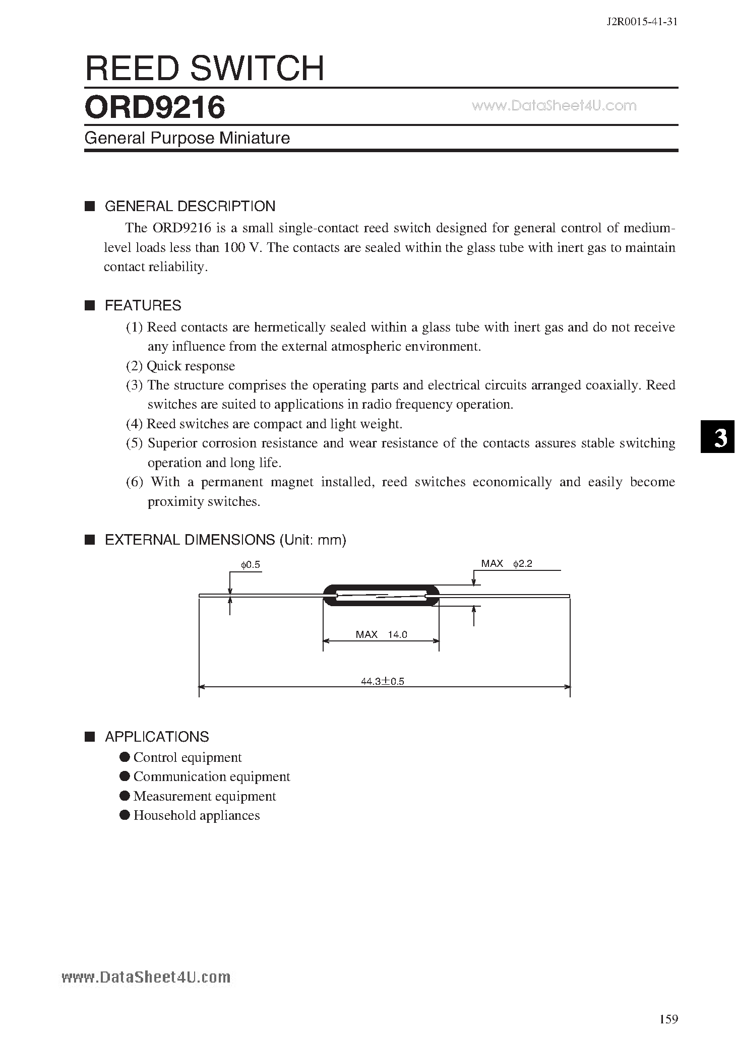 Datasheet ORD9216 page 1 Datasheet ORD9216 - REED SWITCH page 1