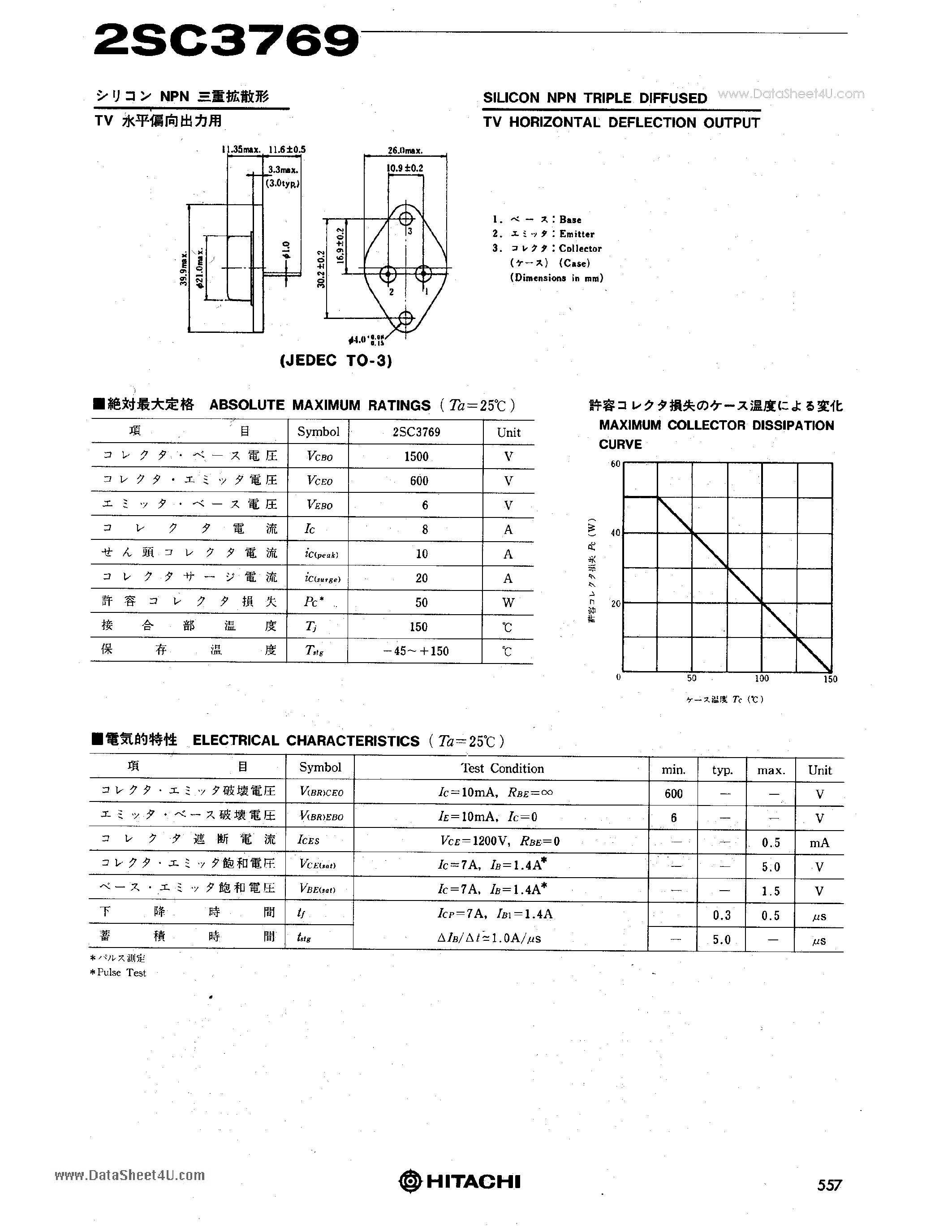 Datasheet 2SC3769 - TV HORIZONTAL DEFLECTION OUTPUT page 1