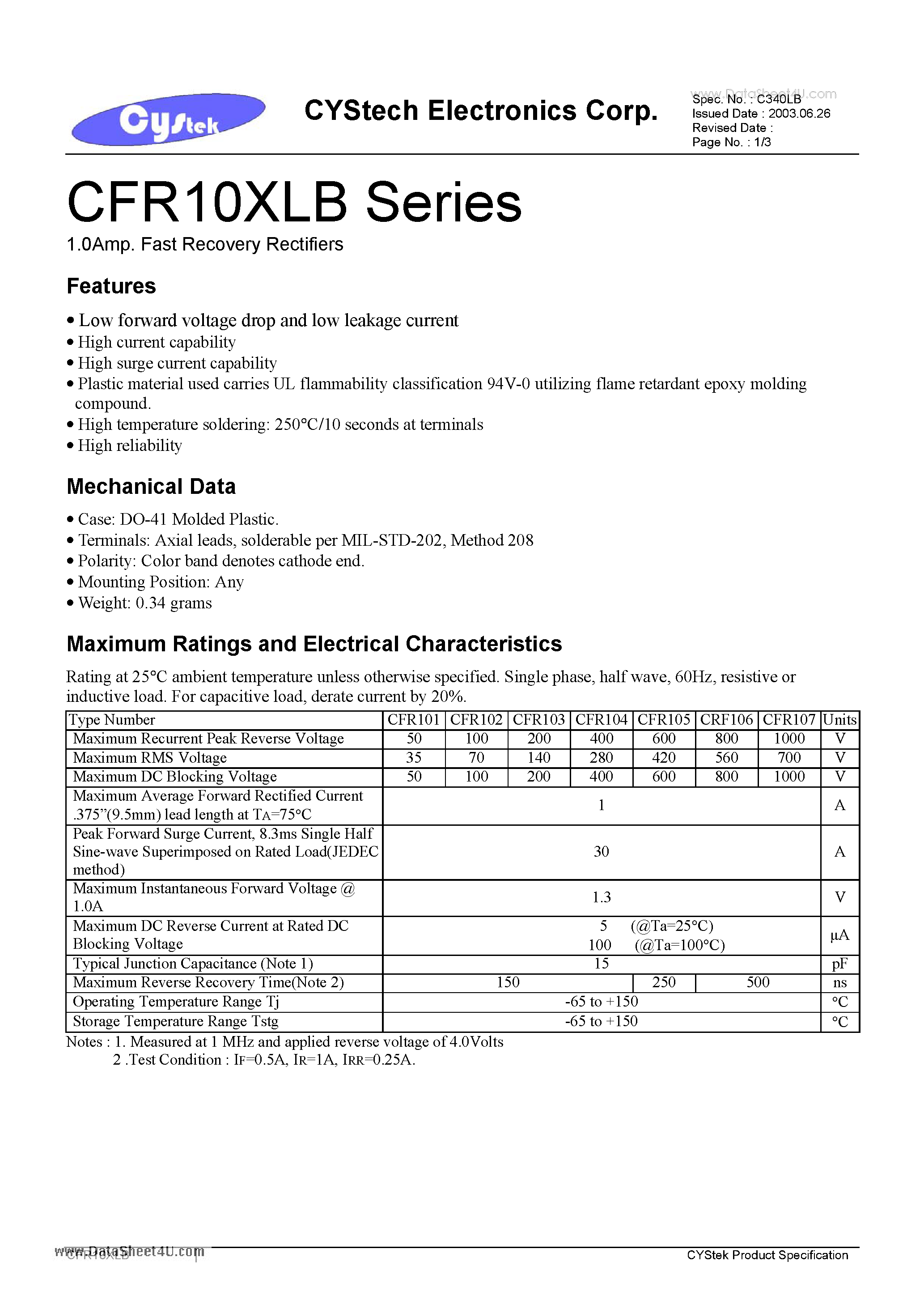 Даташит на микросхему CFR101 страница 1 Даташит CFR101 - 1.0Amp. Fast Recovery Rectifiers страница 1