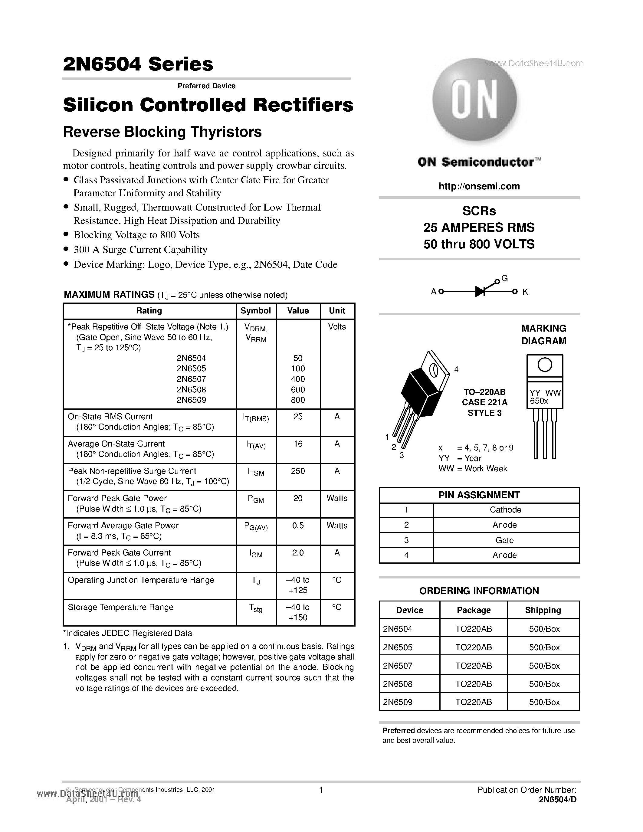 Datasheet 2N6504 page 1 Datasheet 2N6504 - (2N6504 - 2N6509) Silicon Controlled Rectifiers page 1