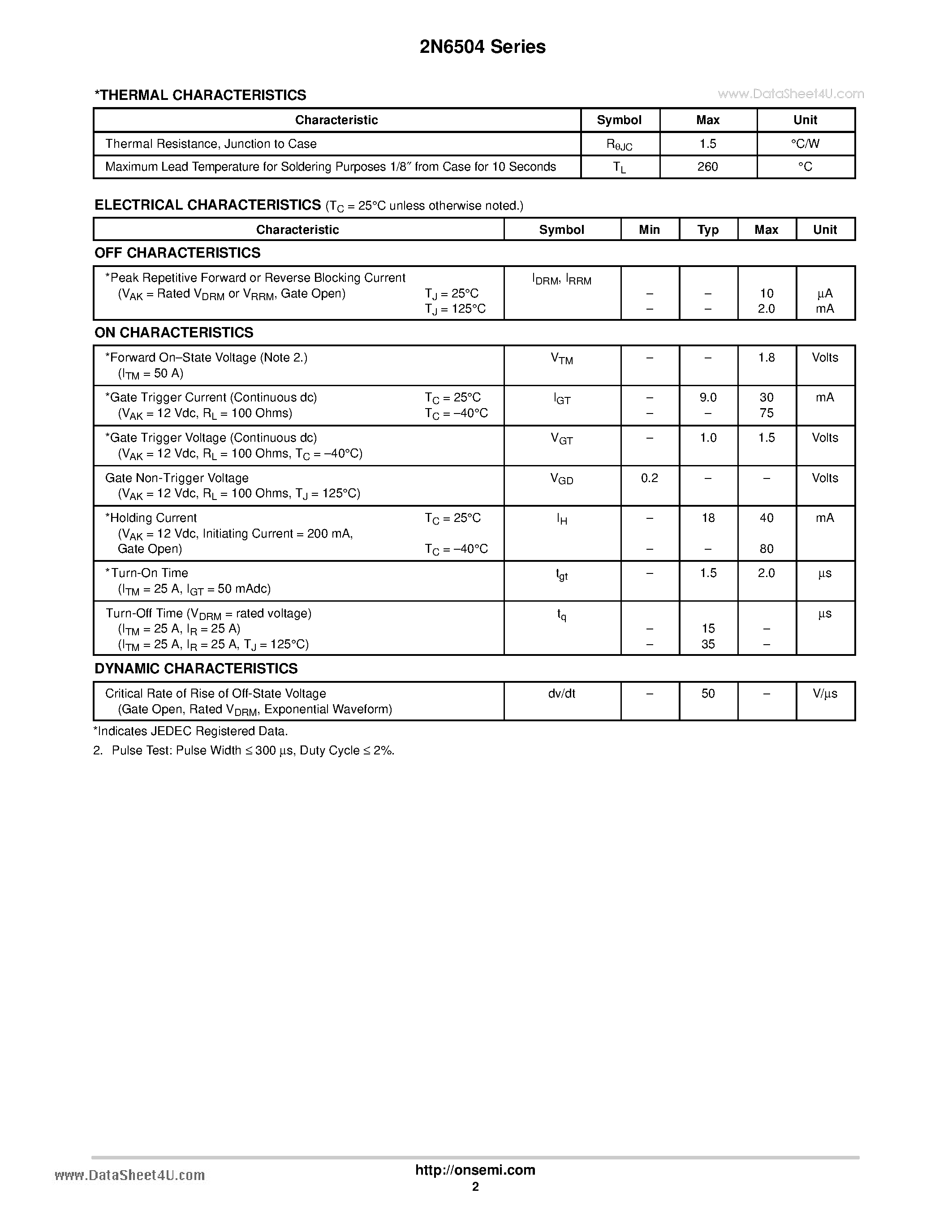 Datasheet 2N6504 page 2 Datasheet 2N6504 - (2N6504 - 2N6509) Silicon Controlled Rectifiers page 2
