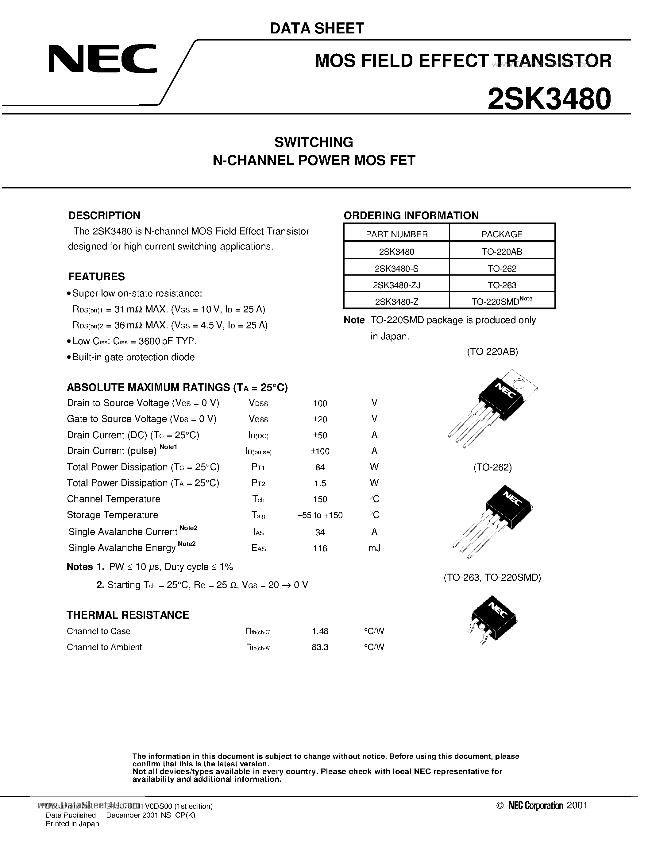 Datasheet 2SK3480 - SWITCHING N-CHANNEL POWER MOSFET page 1