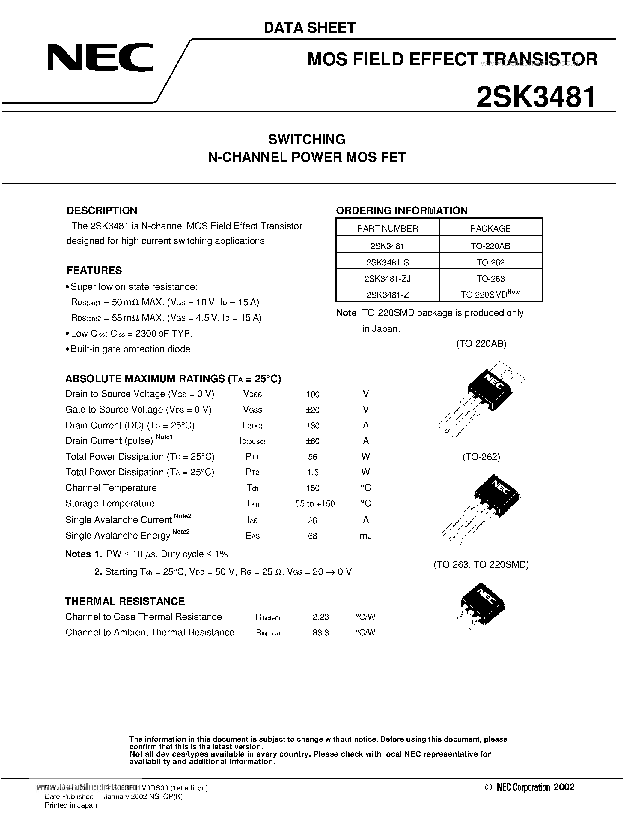 Datasheet 2SK3481 - SWITCHING N-CHANNEL POWER MOSFET page 1