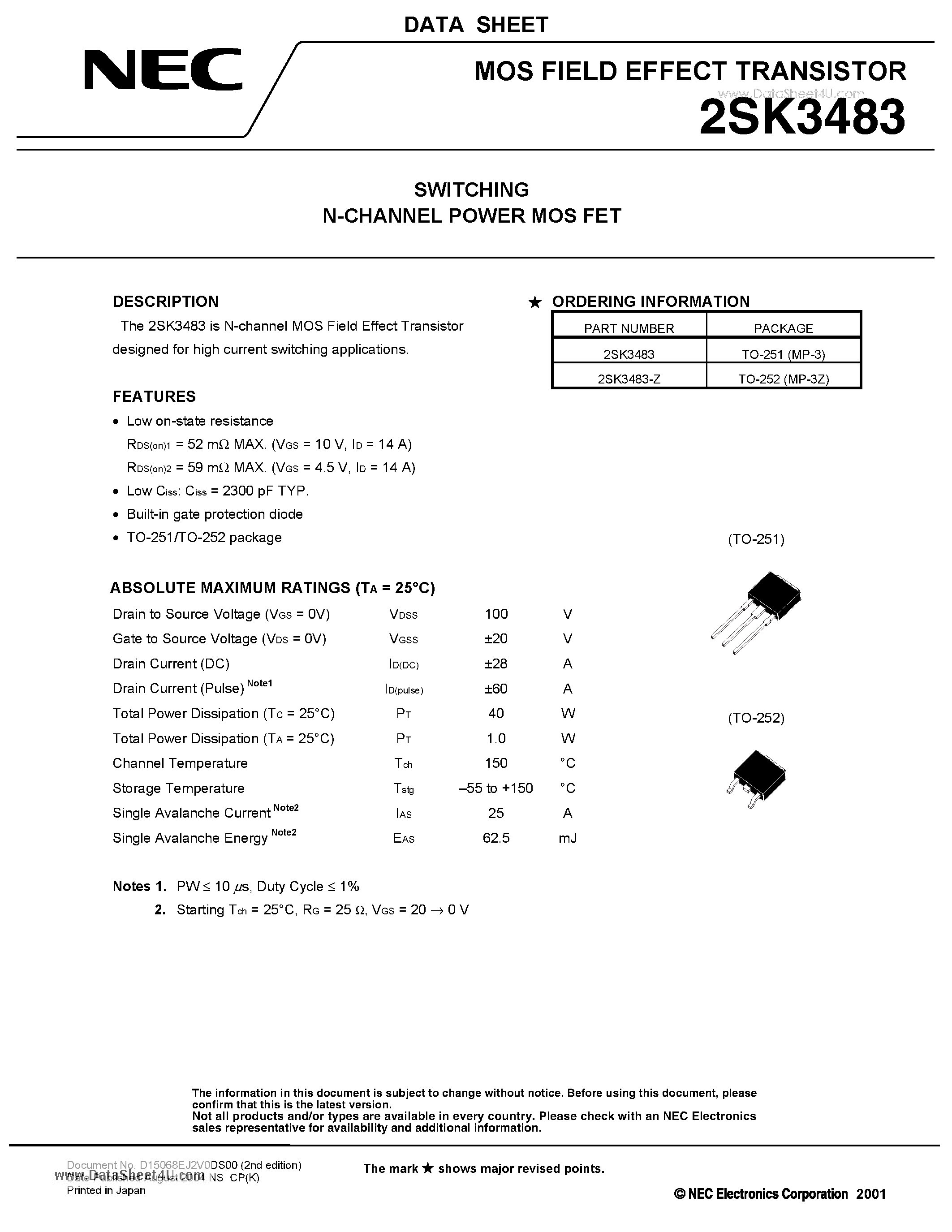 Datasheet 2SK3483 - SWITCHING N-CHANNEL POWER MOSFET page 1