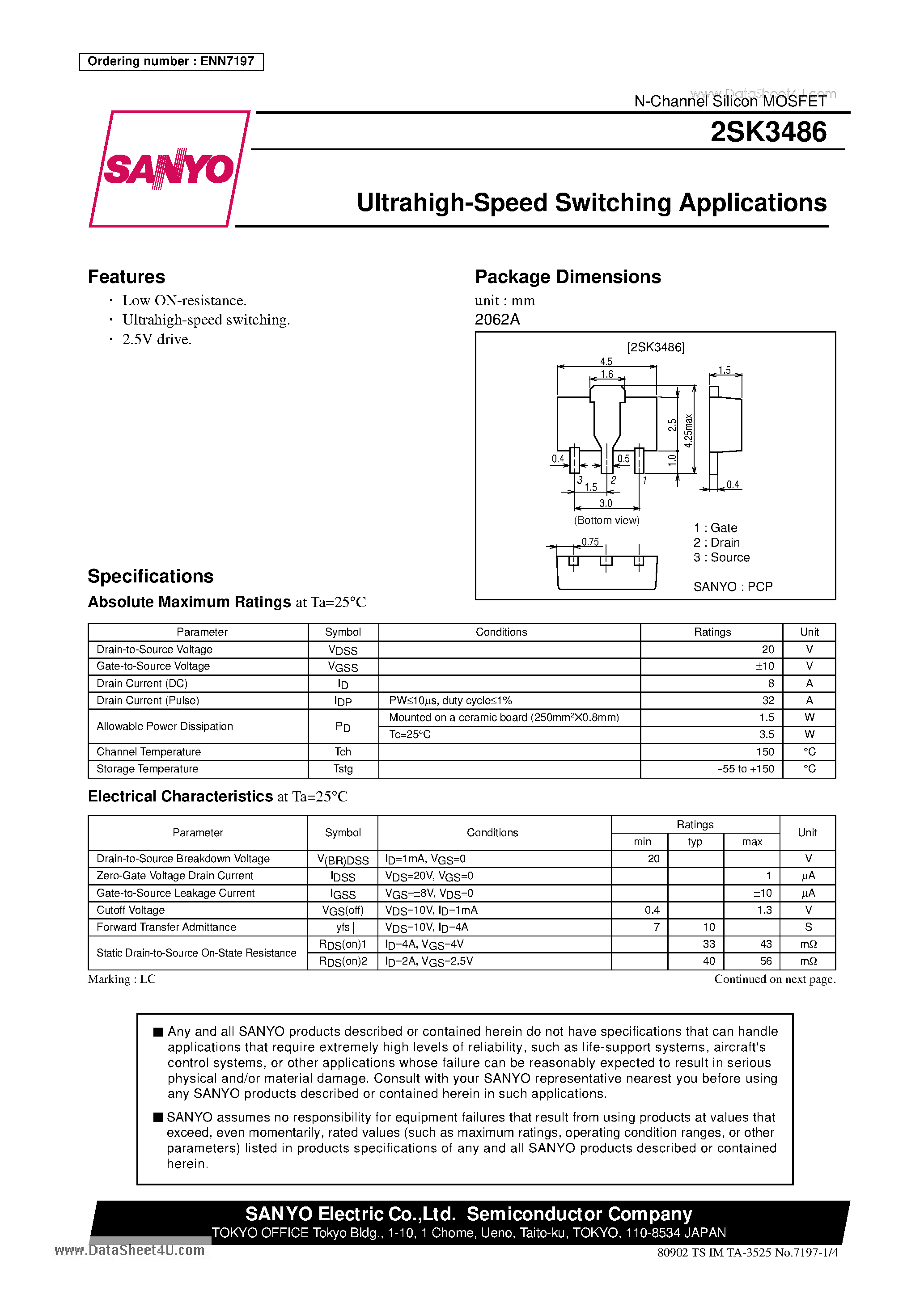 Datasheet 2SK3486 - Ultrahigh-Speed Switching Applications page 1