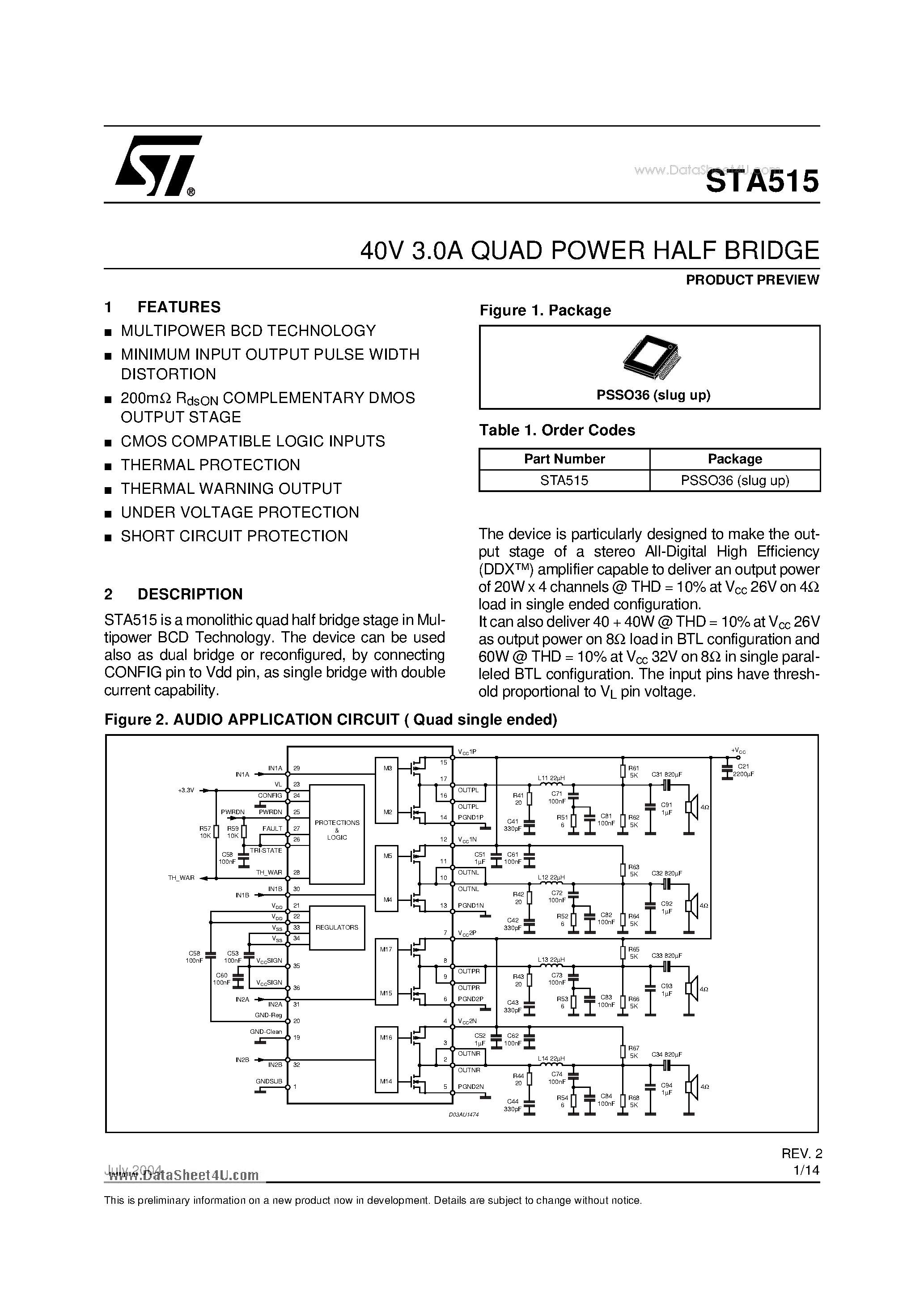 Datasheet STA515 page 1 Datasheet STA515 - 40V 3.0A Quad Power Half Bridge page 1