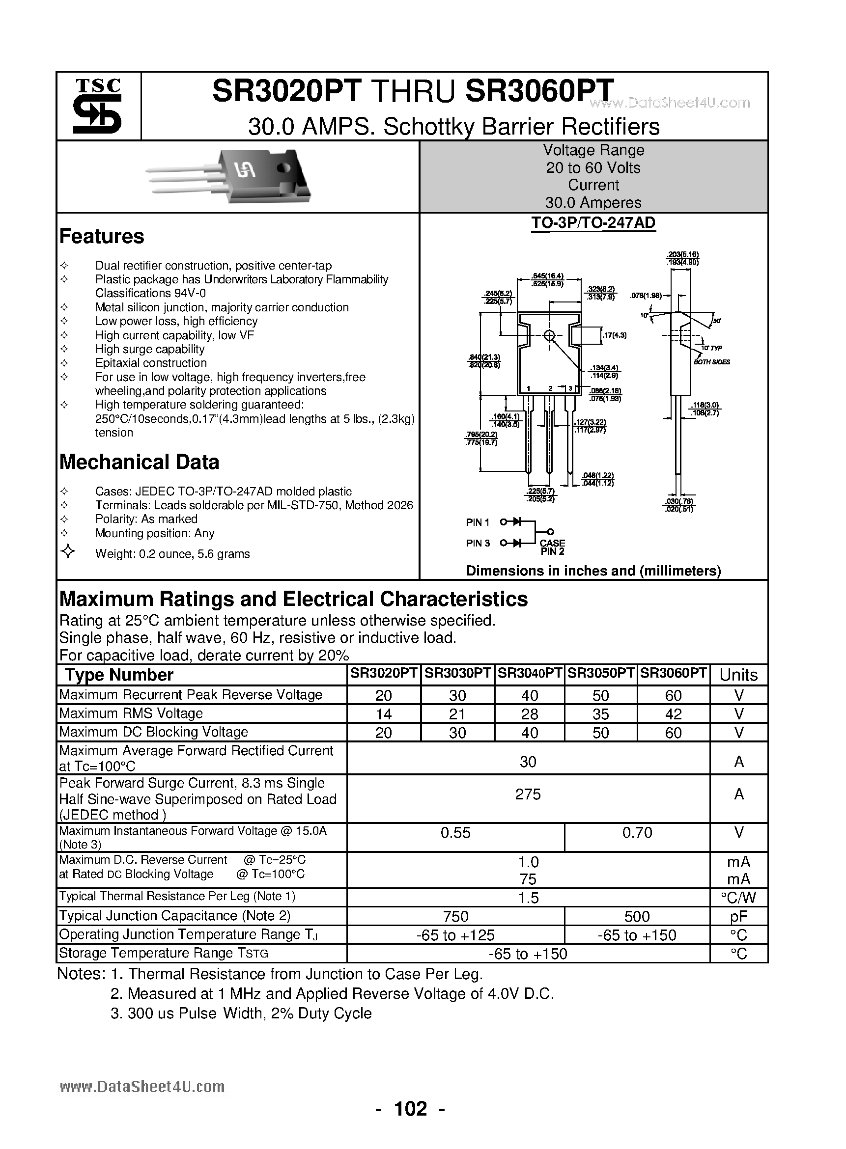 Datasheet SR3020PT - (SR3020PT - SR3060PT) 30.0 AMPS. Schottky Barrier Rectifiers page 1