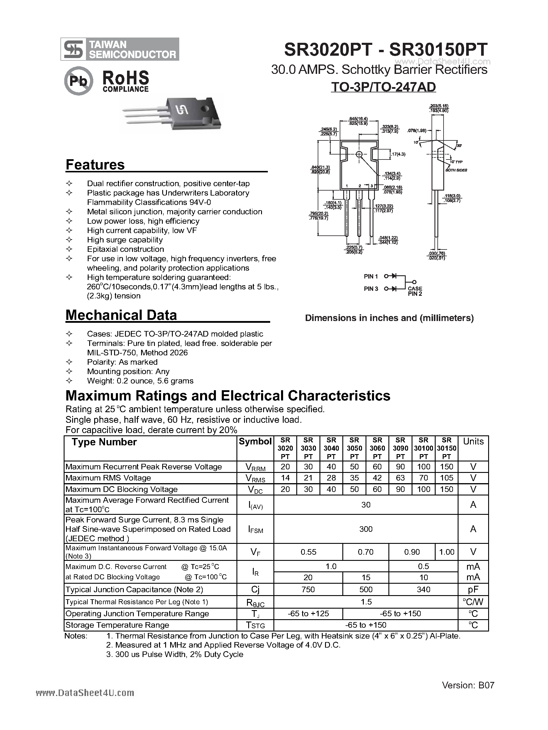 Datasheet SR30100PT - (SR3020PT - SR30150PT) 30.0 AMPS. Schottky Barrier Rectifiers page 1