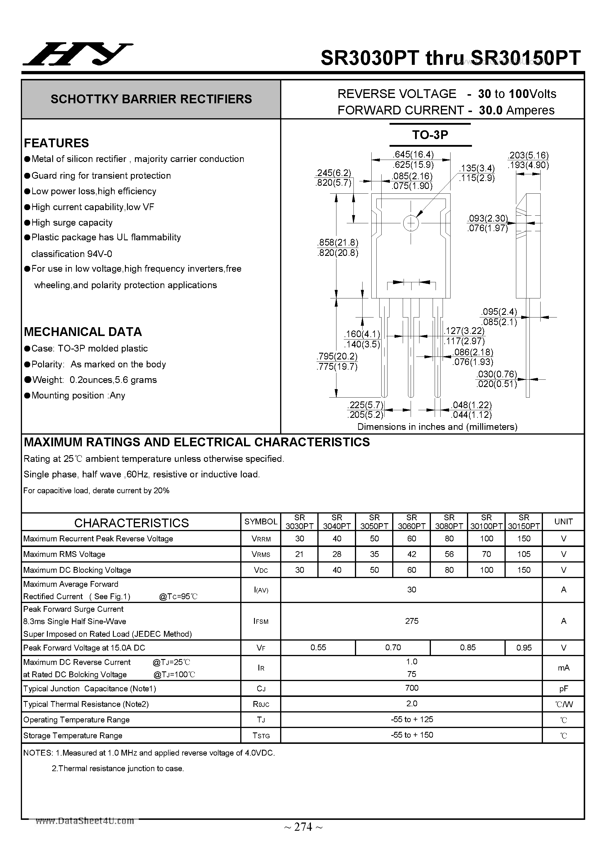 Datasheet SR30100PT - (SR3030PT - SR30150PT) SCHOTTKY BARRIER RECTIFIERS page 1