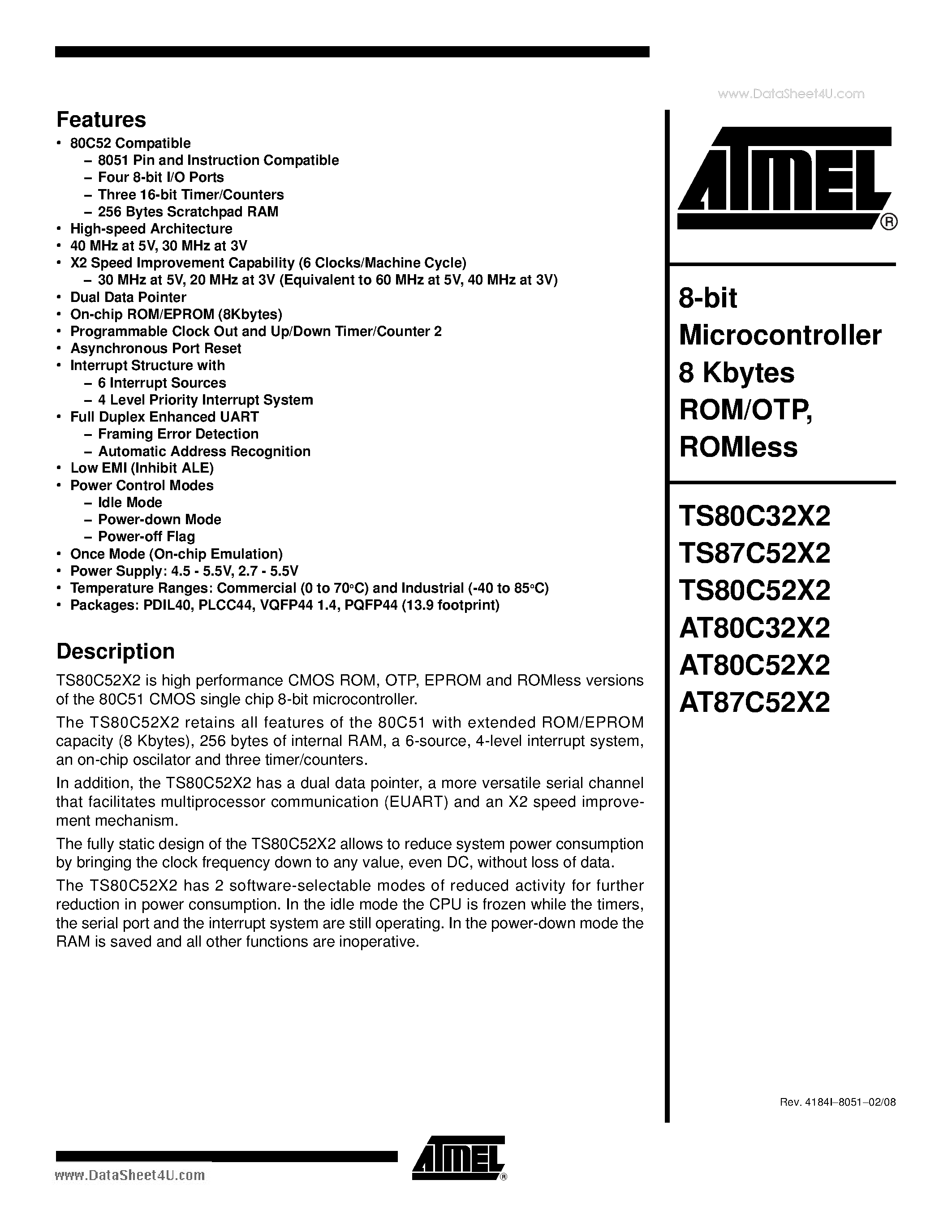 Datasheet TS80C32X2 page 1 Datasheet TS80C32X2 - 8-bit Microcontroller page 1