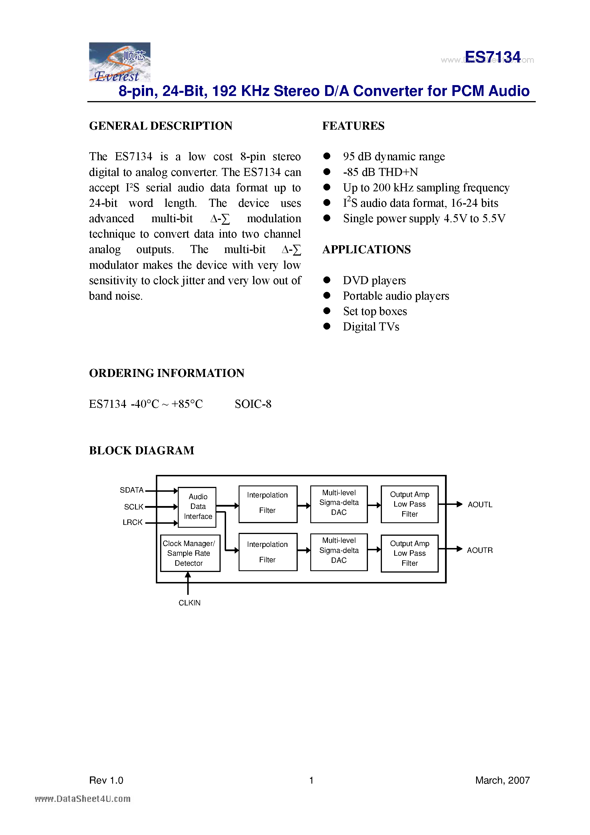Даташит на микросхему ES7134 страница 1 Даташит ES7134 - 192 KHz Stereo D/A Converter страница 1
