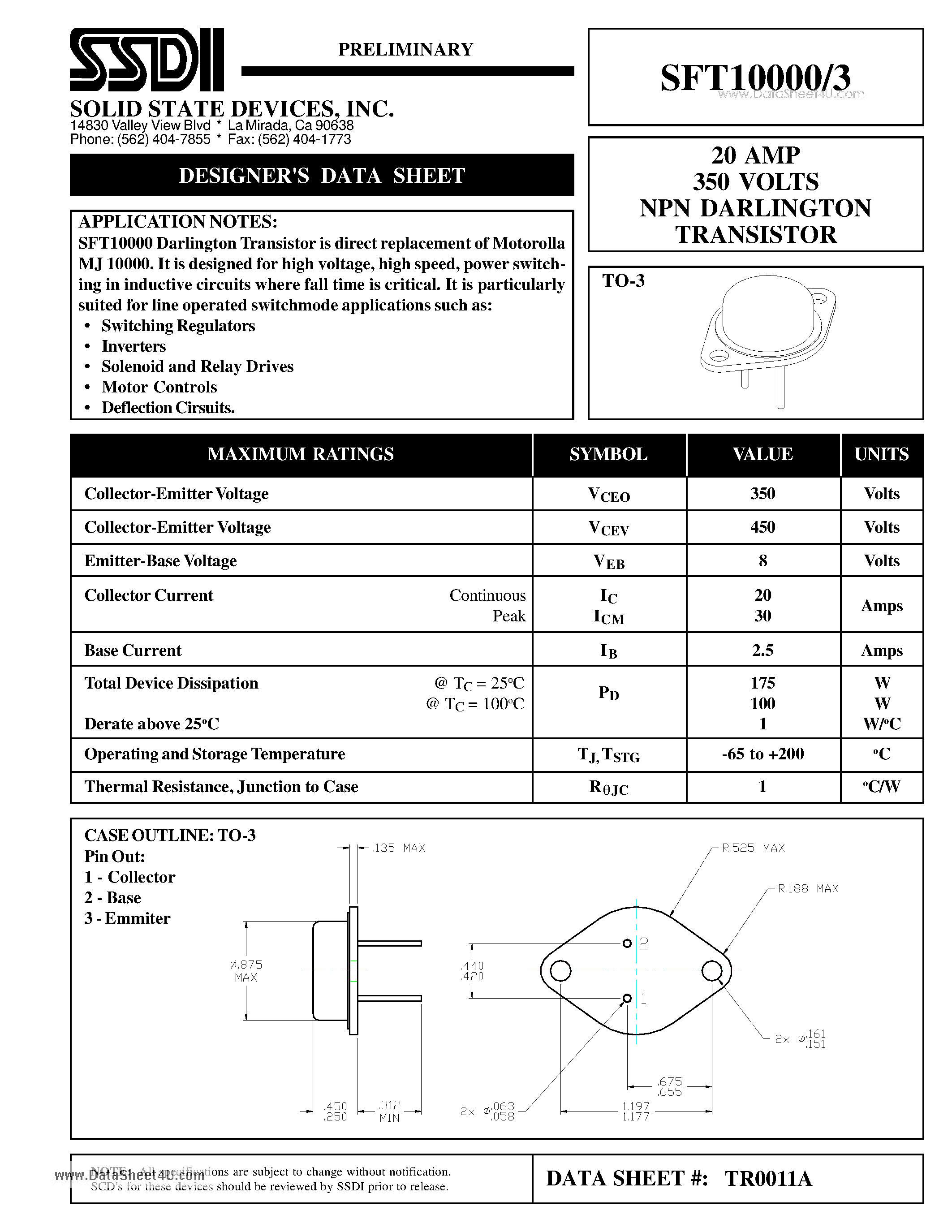 Datasheet SFT10000/3 - 20 AMP 350 VOLTS NPN DARLINGTON TRANSISTOR page 1