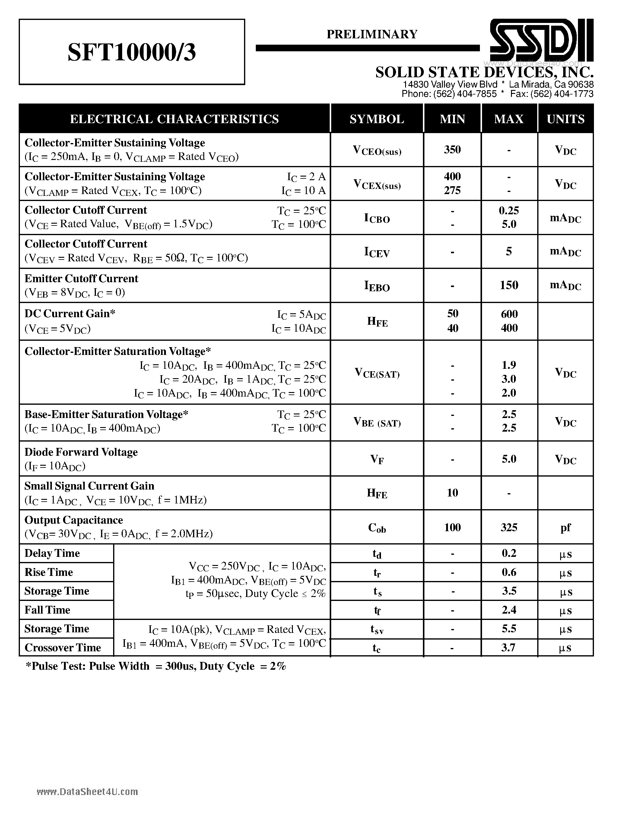 Datasheet SFT10000/3 - 20 AMP 350 VOLTS NPN DARLINGTON TRANSISTOR page 2