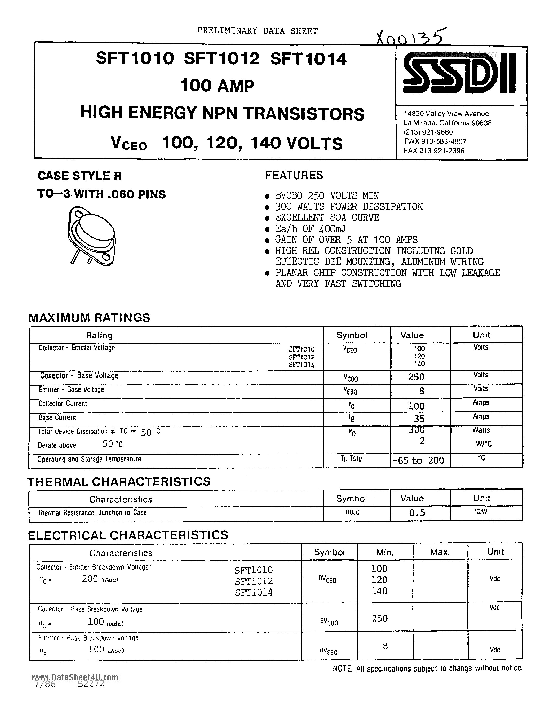 Datasheet SFT1010 - (SFT1010 - SFT1014) 100 amp HIGH ENERGY NPN TRANSISTORS page 1