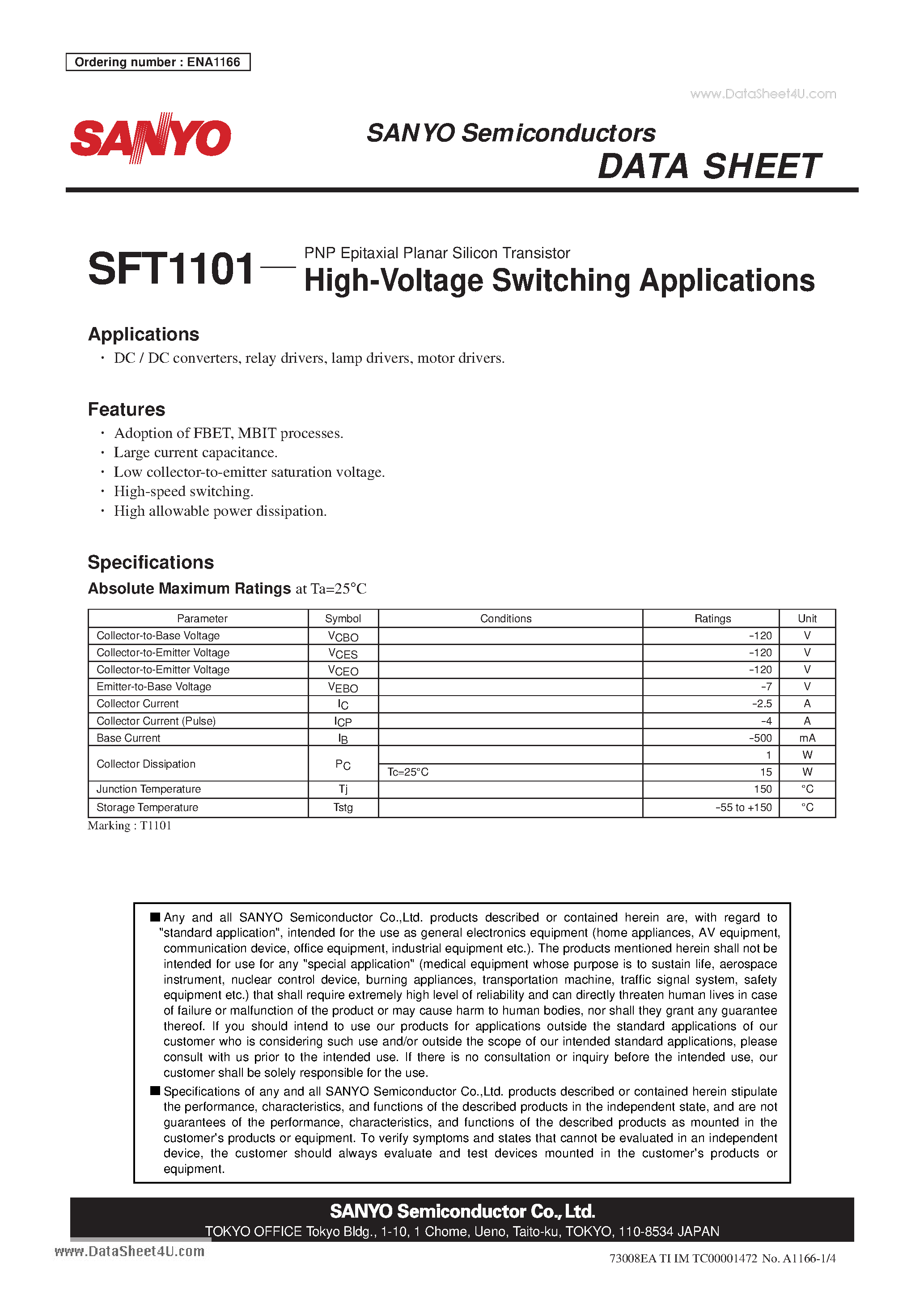 Datasheet SFT1101 page 1 Datasheet SFT1101 - PNP Epitaxial Planar Silicon Transistor High-Voltage Switching Applications page 1