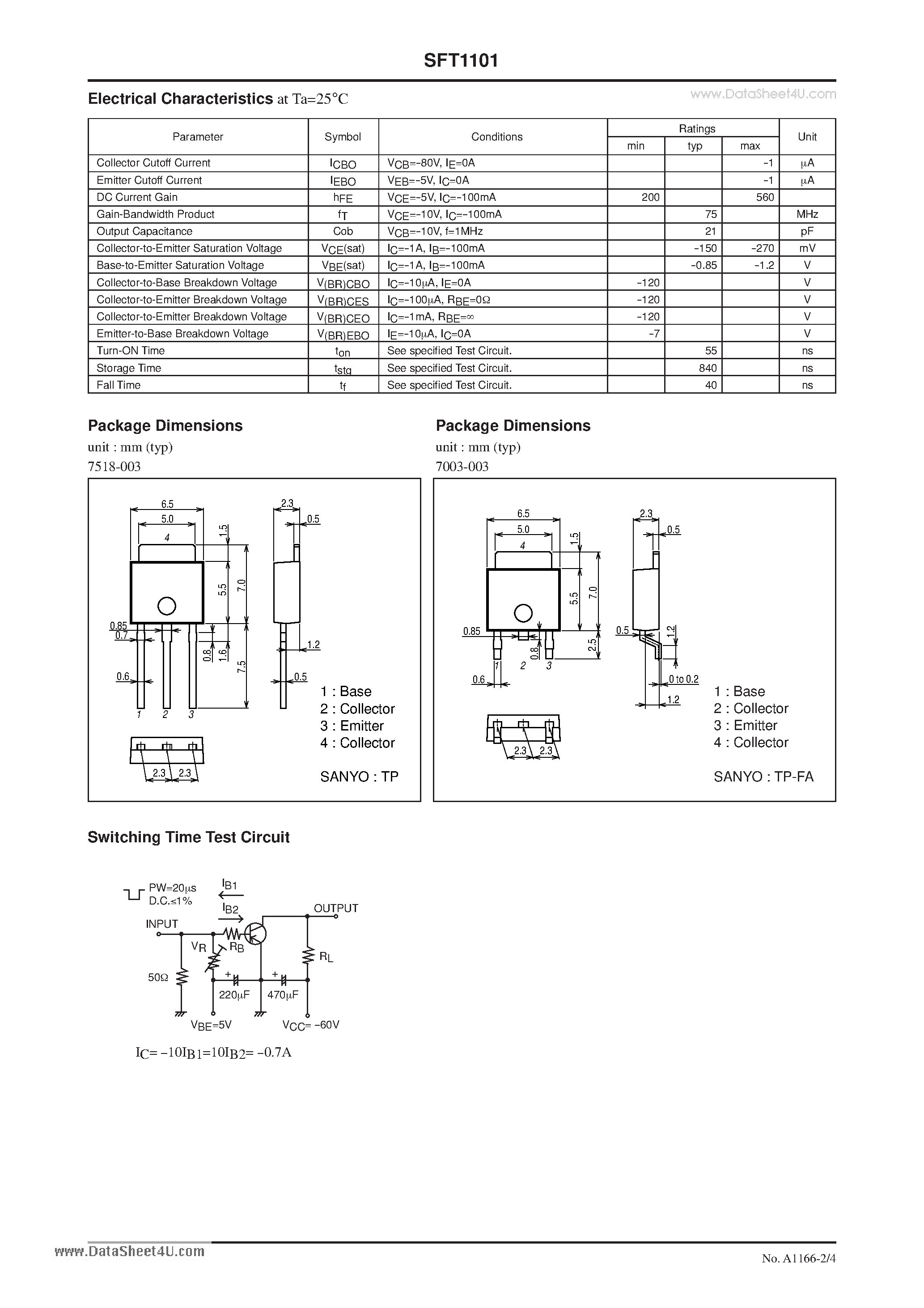 Datasheet SFT1101 page 2 Datasheet SFT1101 - PNP Epitaxial Planar Silicon Transistor High-Voltage Switching Applications page 2