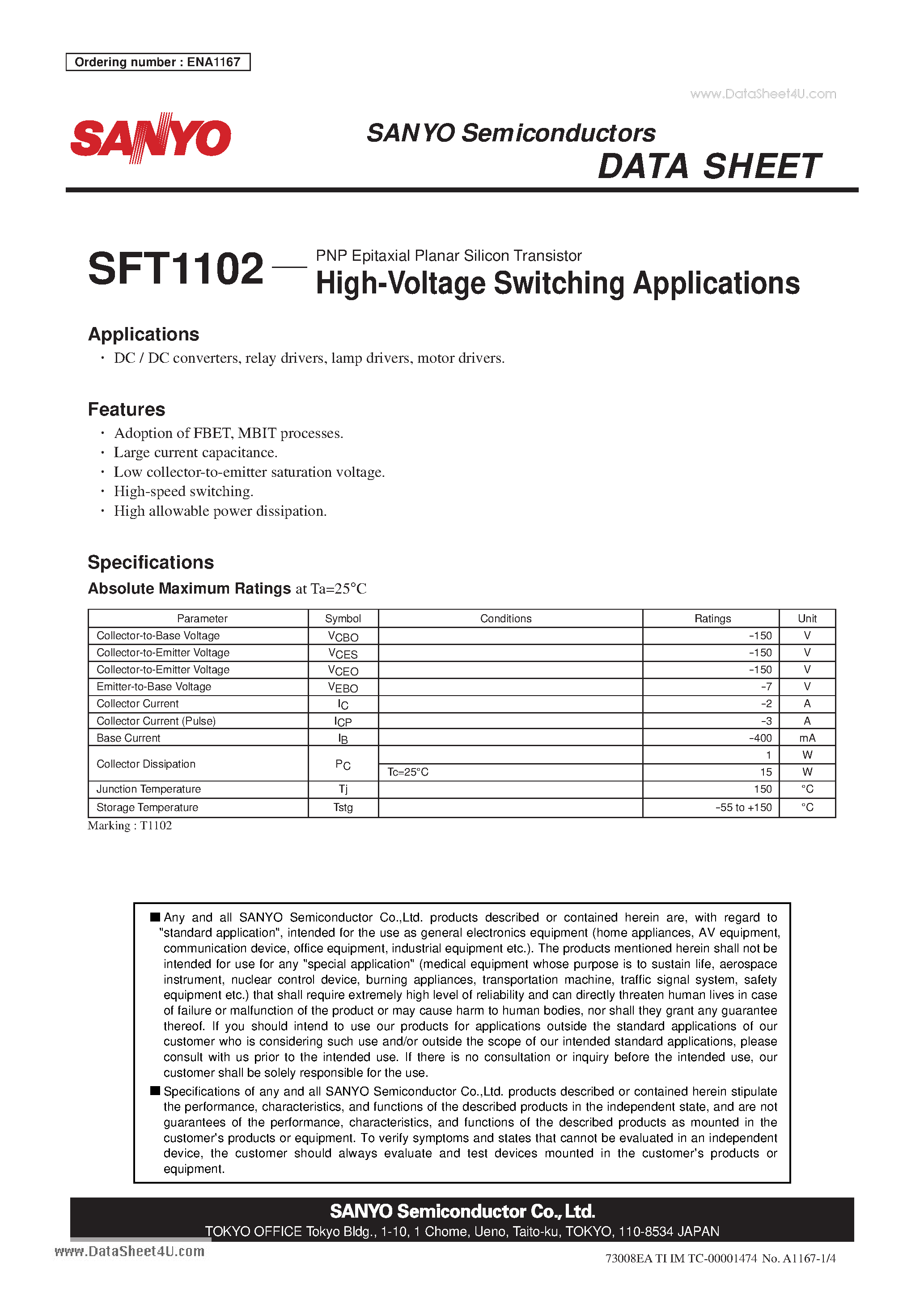 Datasheet SFT1102 page 1 Datasheet SFT1102 - PNP Epitaxial Planar Silicon Transistor High-Voltage Switching Applications page 1