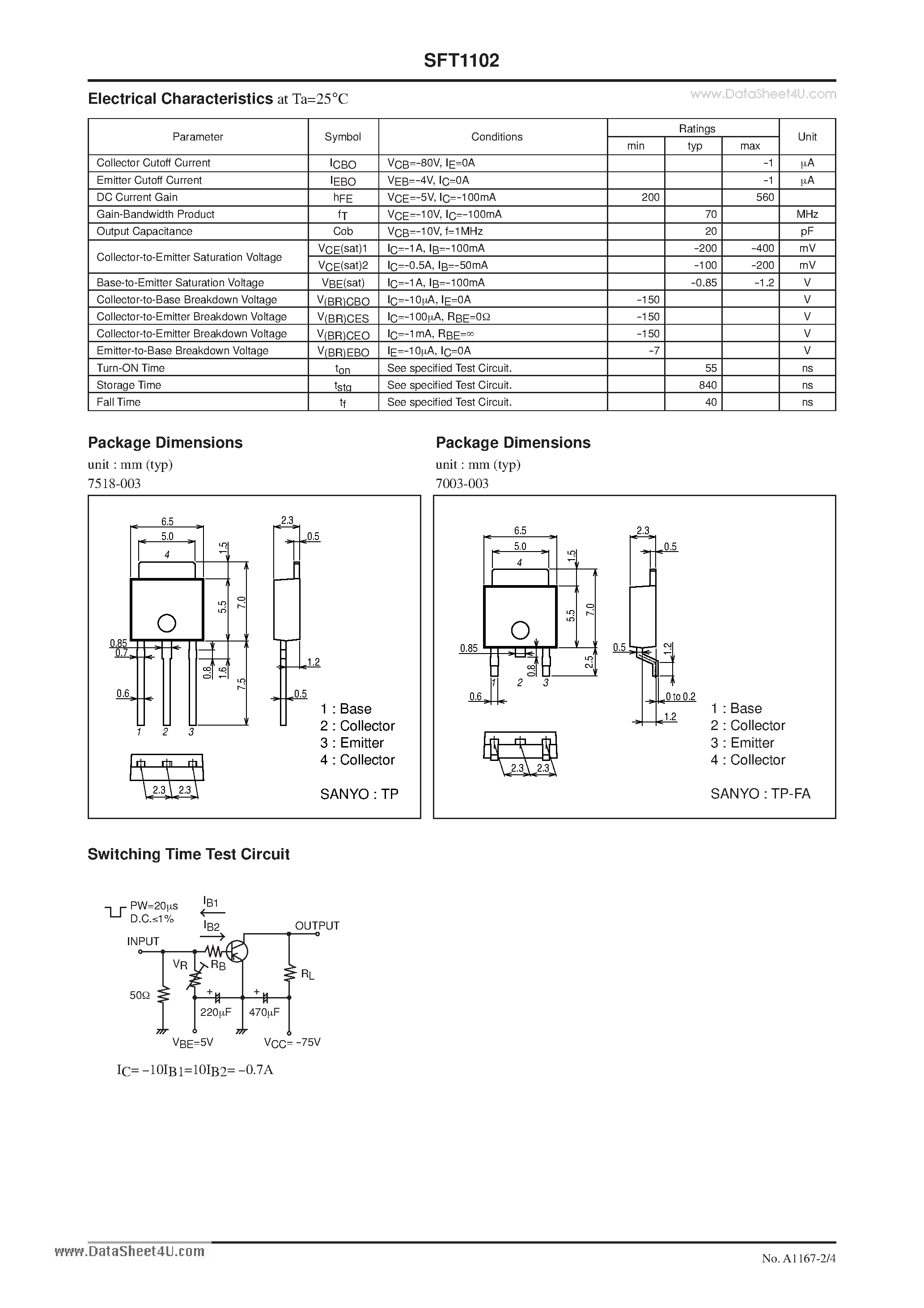 Datasheet SFT1102 page 2 Datasheet SFT1102 - PNP Epitaxial Planar Silicon Transistor High-Voltage Switching Applications page 2
