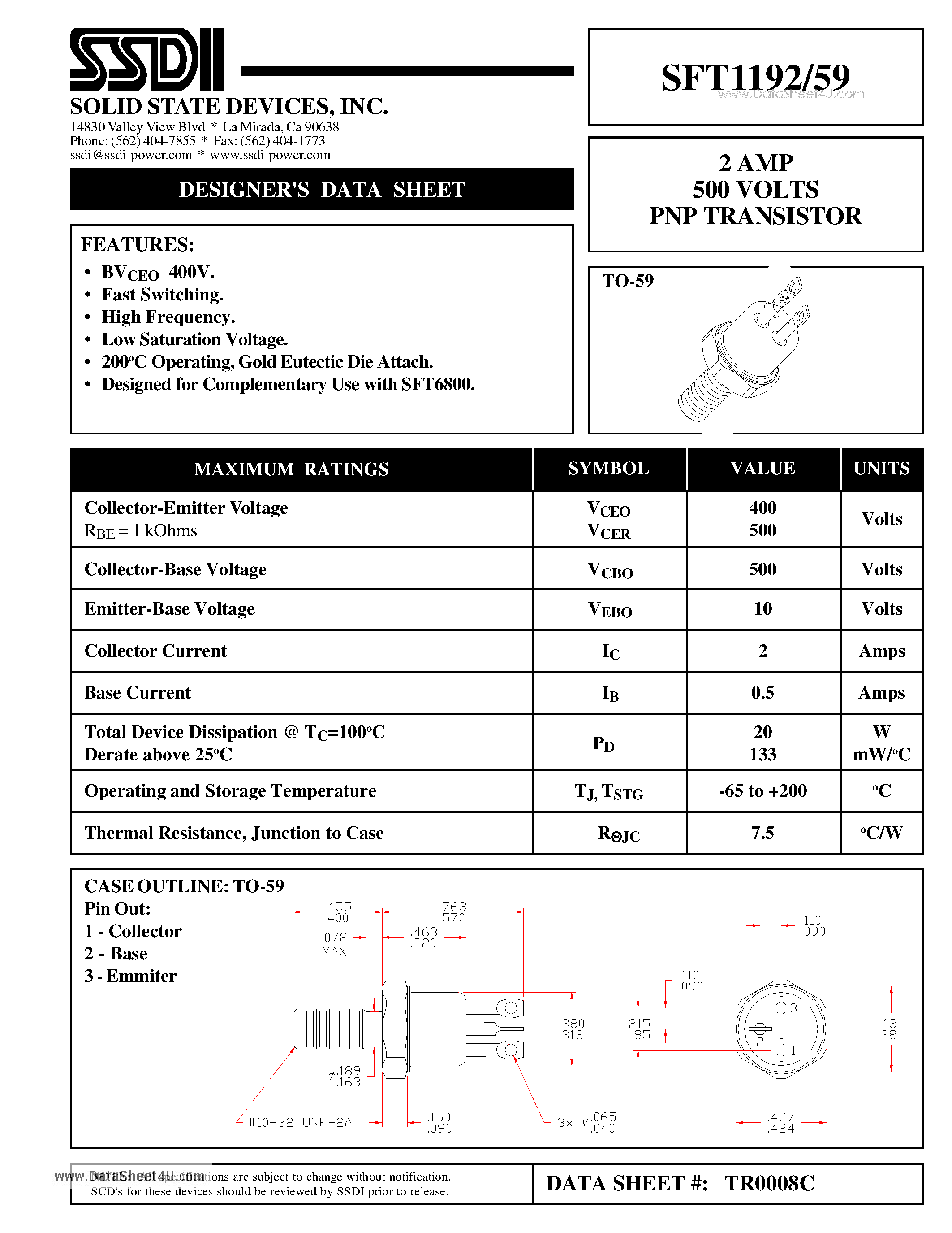 Datasheet SFT1192/59 - 2 AMP 500 VOLTS PNP TRANSISTOR page 1