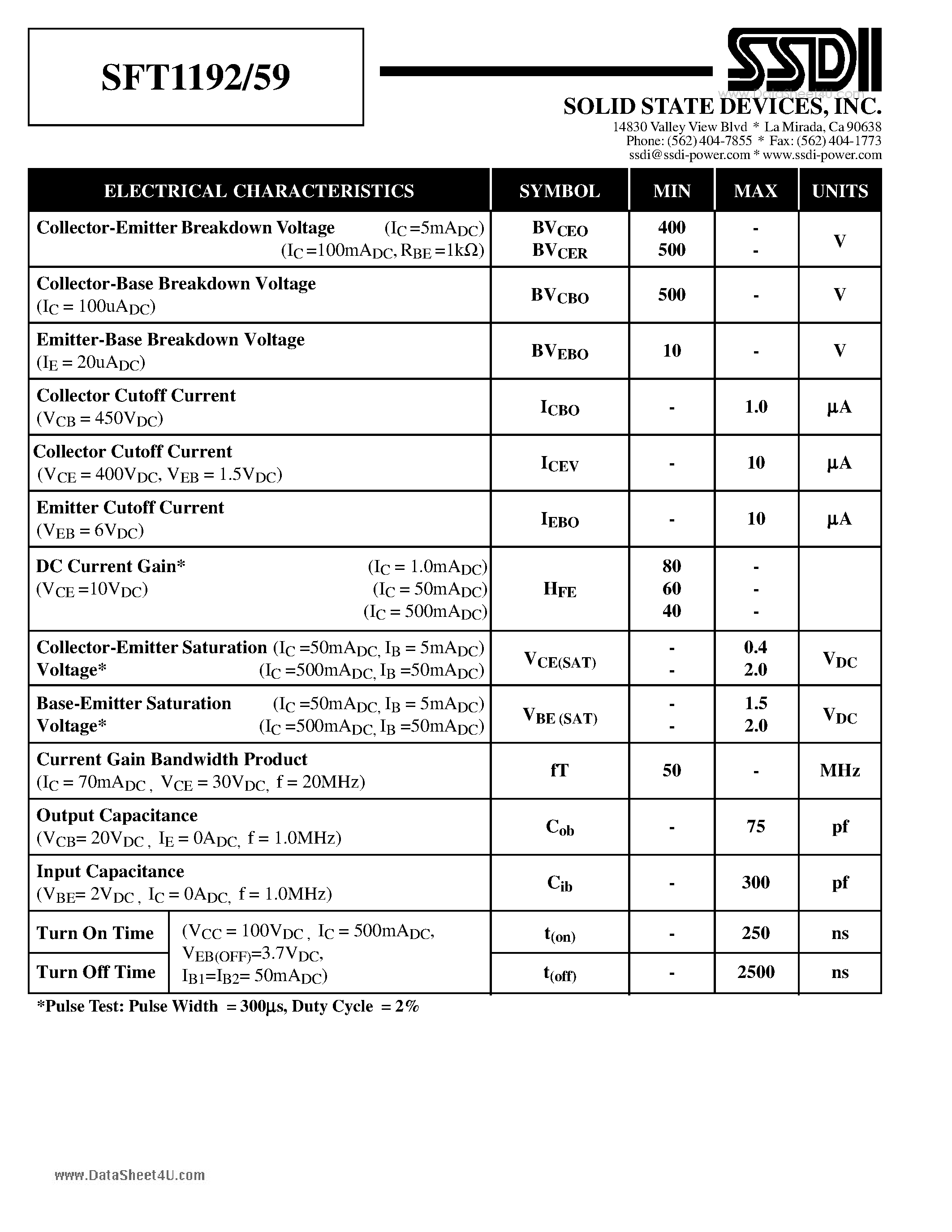 Datasheet SFT1192/59 - 2 AMP 500 VOLTS PNP TRANSISTOR page 2