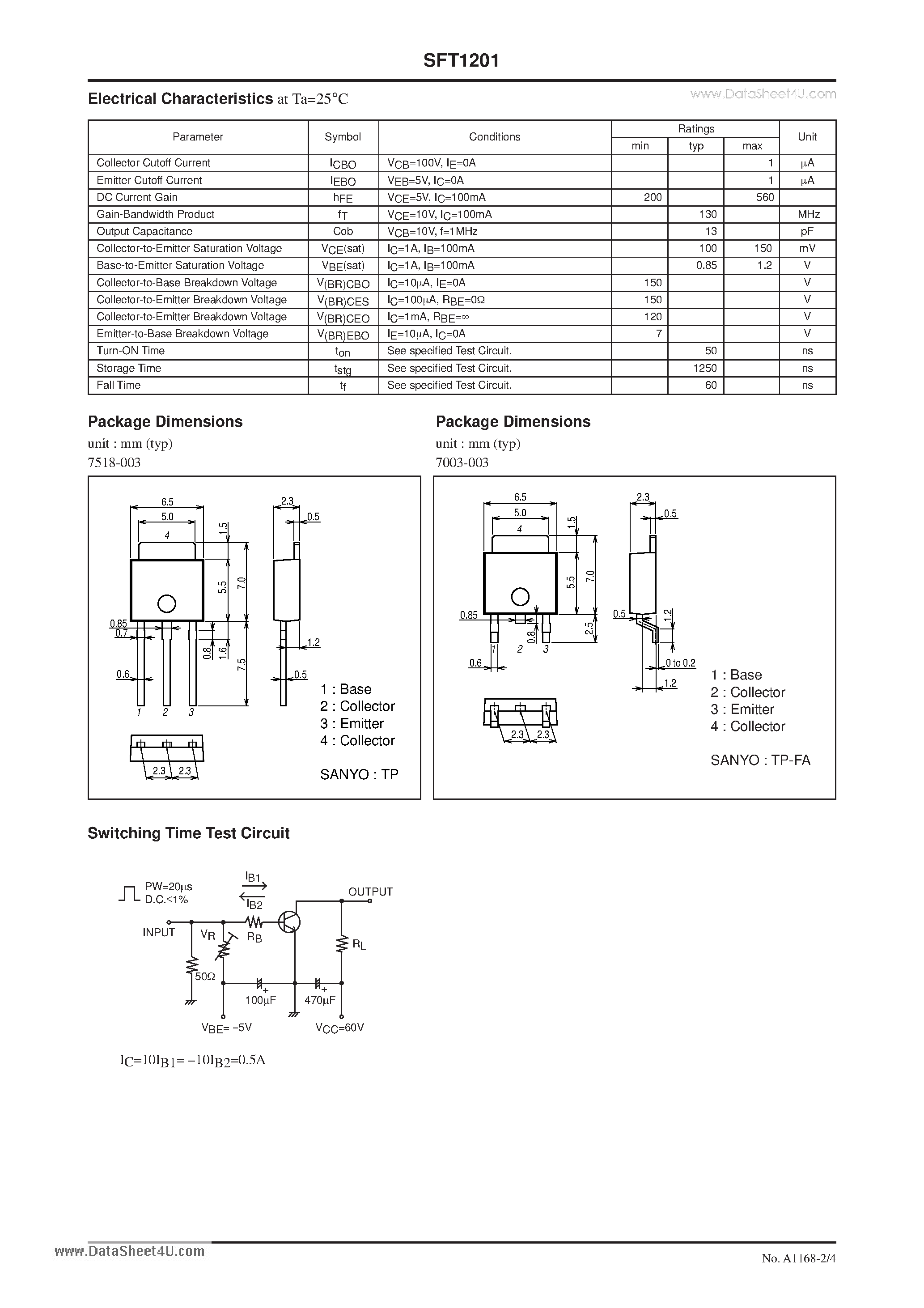 Datasheet SFT1201 page 2 Datasheet SFT1201 - NPN Epitaxial Planar Silicon Transistor High-Voltage Switching Applications page 2