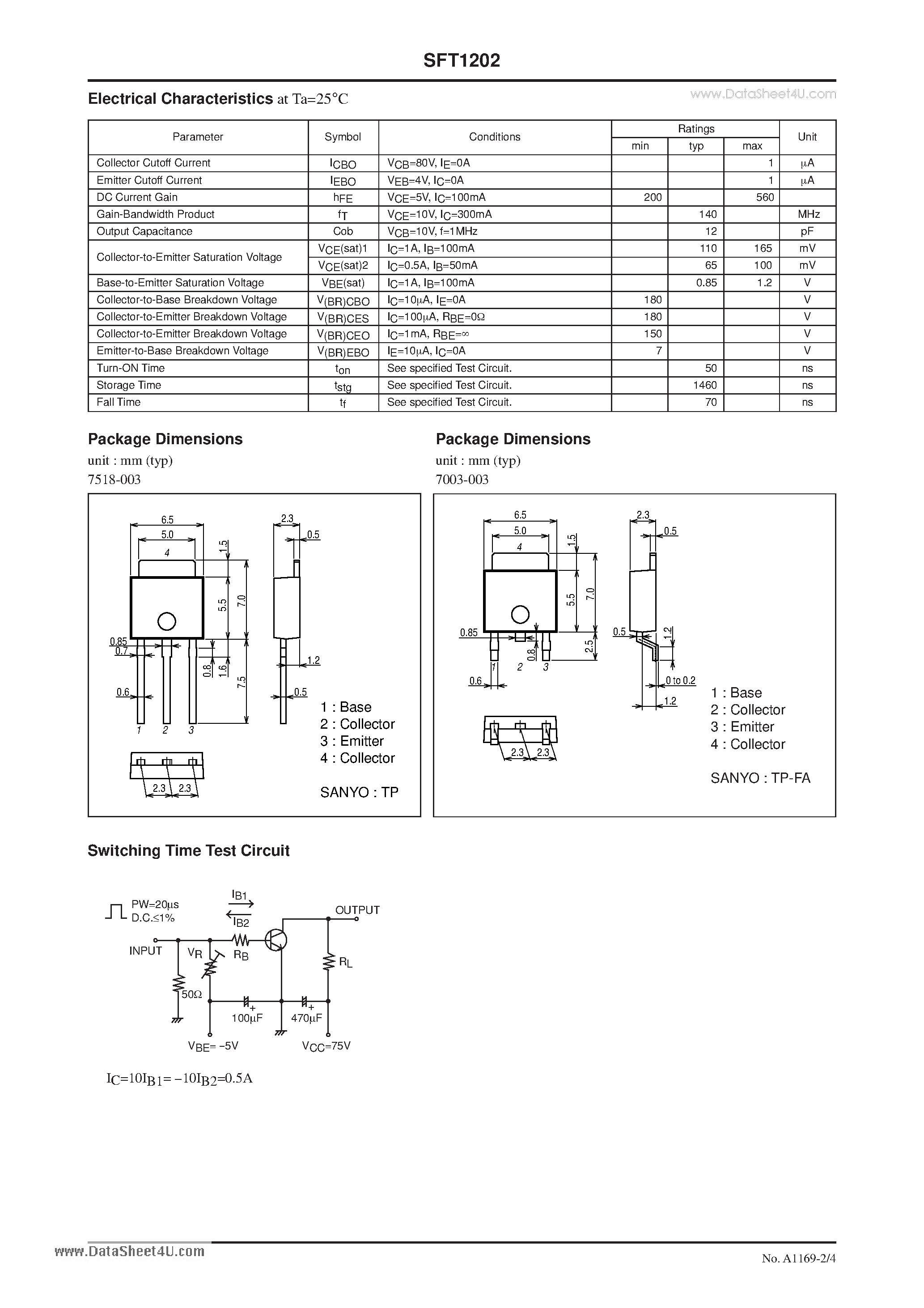 Datasheet SFT1202 page 2 Datasheet SFT1202 - NPN Epitaxial Planar Silicon Transistor High-Voltage Switching Applications page 2