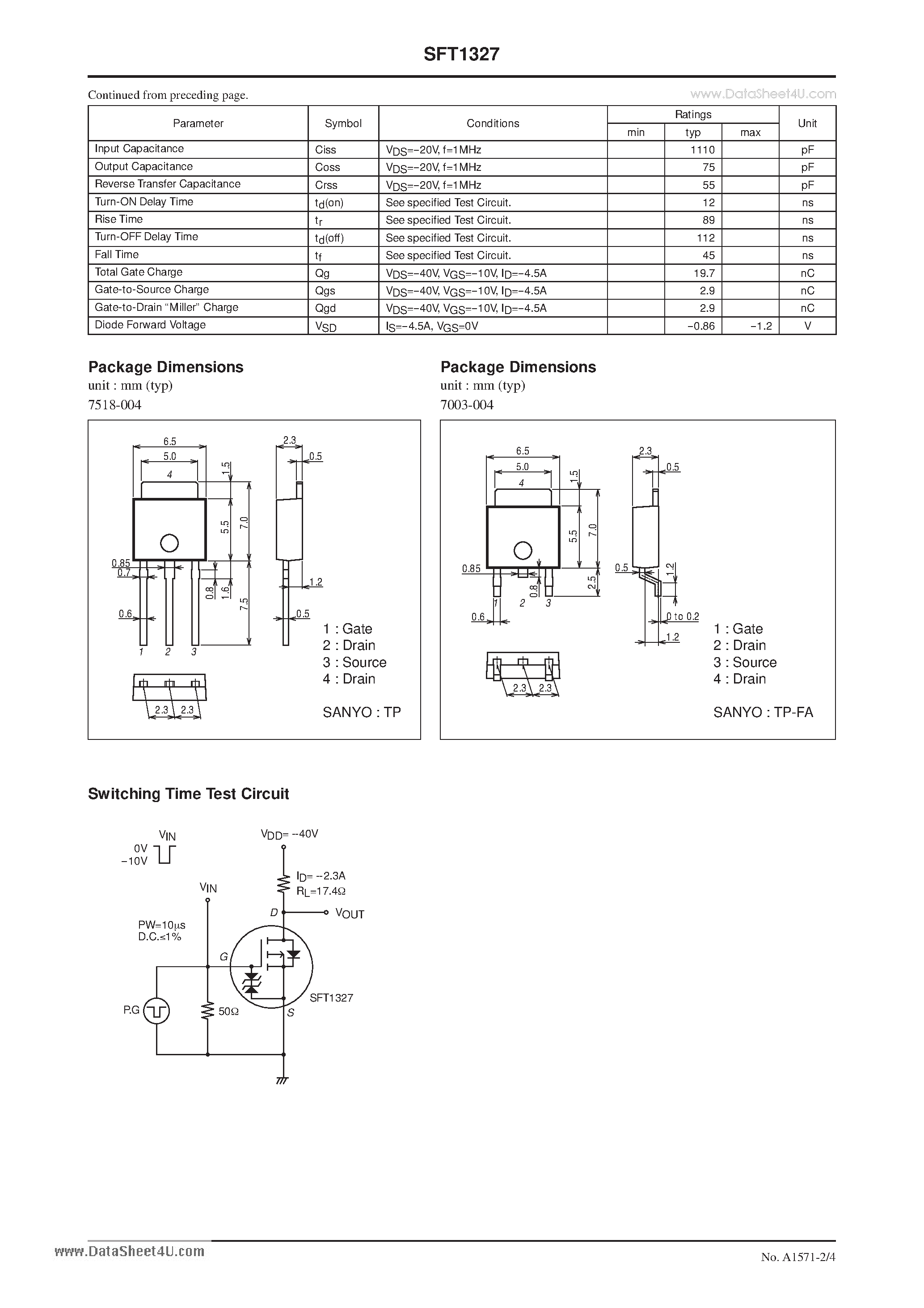 Даташит SFT1327 - P-Channel Silicon MOSFET General-Purpose Switching Device Applications страница 2