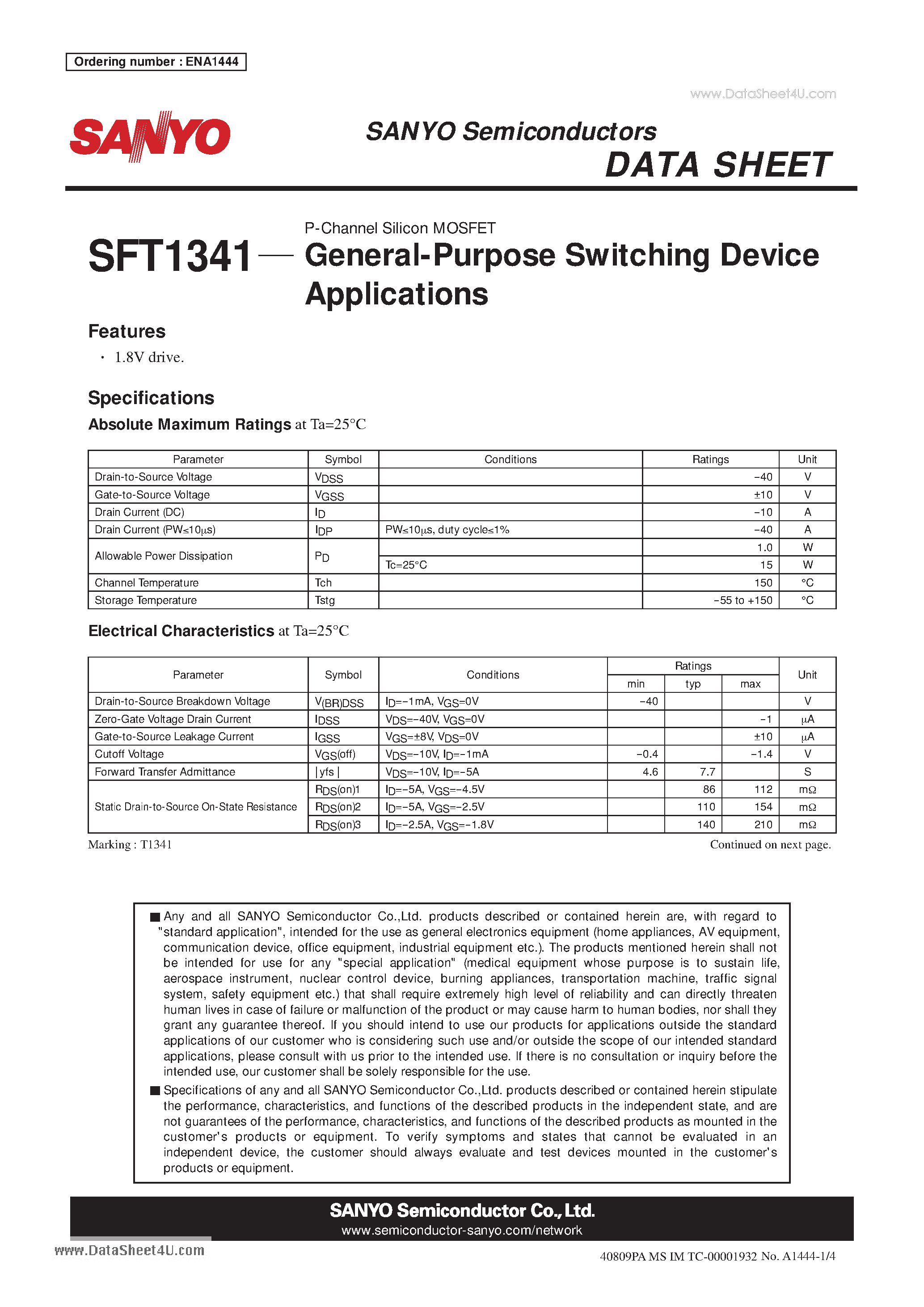 Datasheet SFT1341 page 1 Datasheet SFT1341 - General-Purpose Switching Device Applications page 1