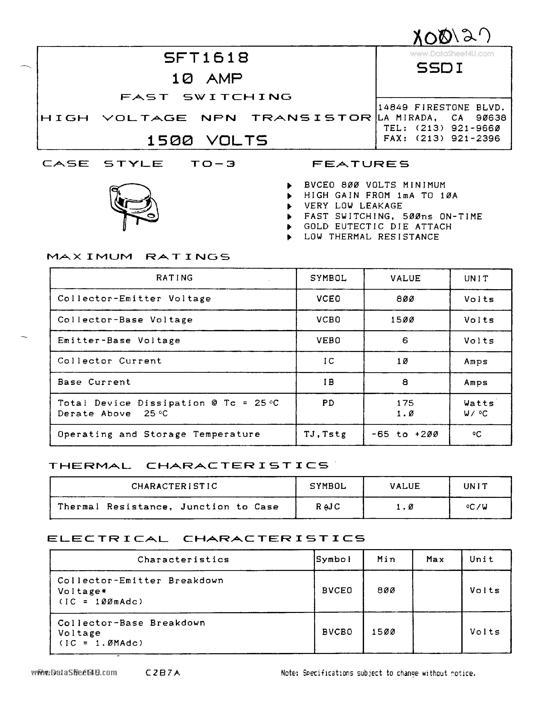 Datasheet SFT1618 page 1 Datasheet SFT1618 - 10 AMP EAST SWITCHING HIGH VOLTAGE NPN TRANSISTOR 1500 VOLTS page 1