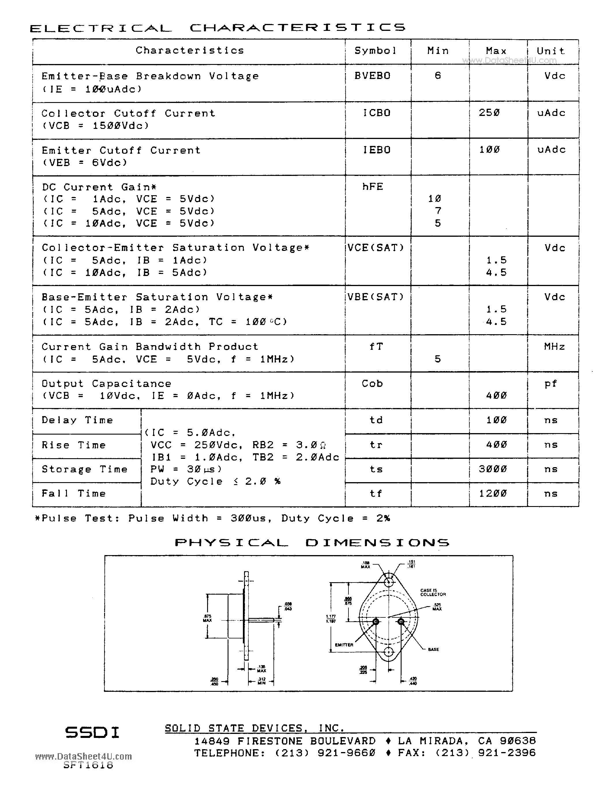 Datasheet SFT1618 page 2 Datasheet SFT1618 - 10 AMP EAST SWITCHING HIGH VOLTAGE NPN TRANSISTOR 1500 VOLTS page 2