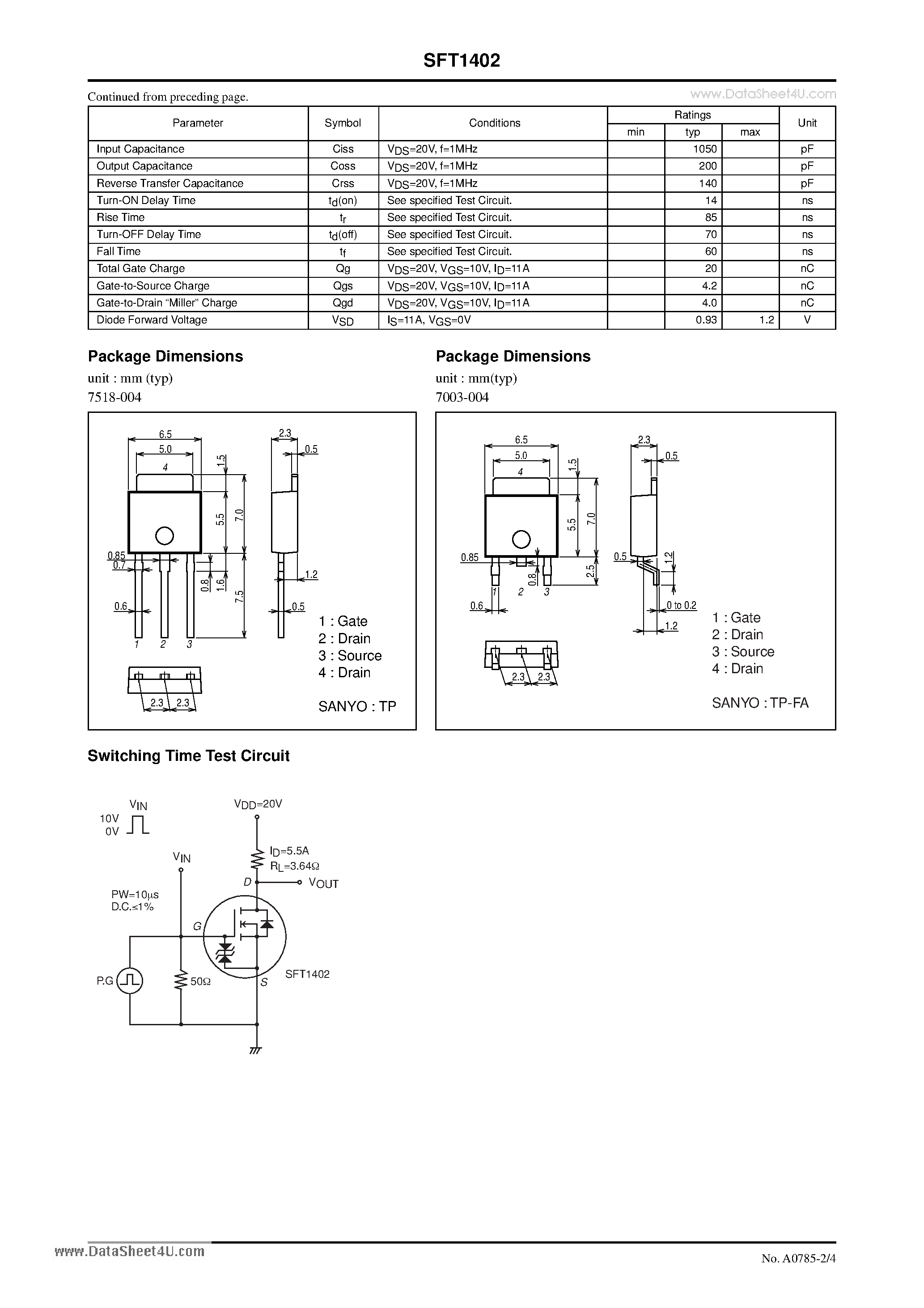 Даташит SFT1402 - N-Channel Silicon MOSFET General-Purpose Switching Device страница 2