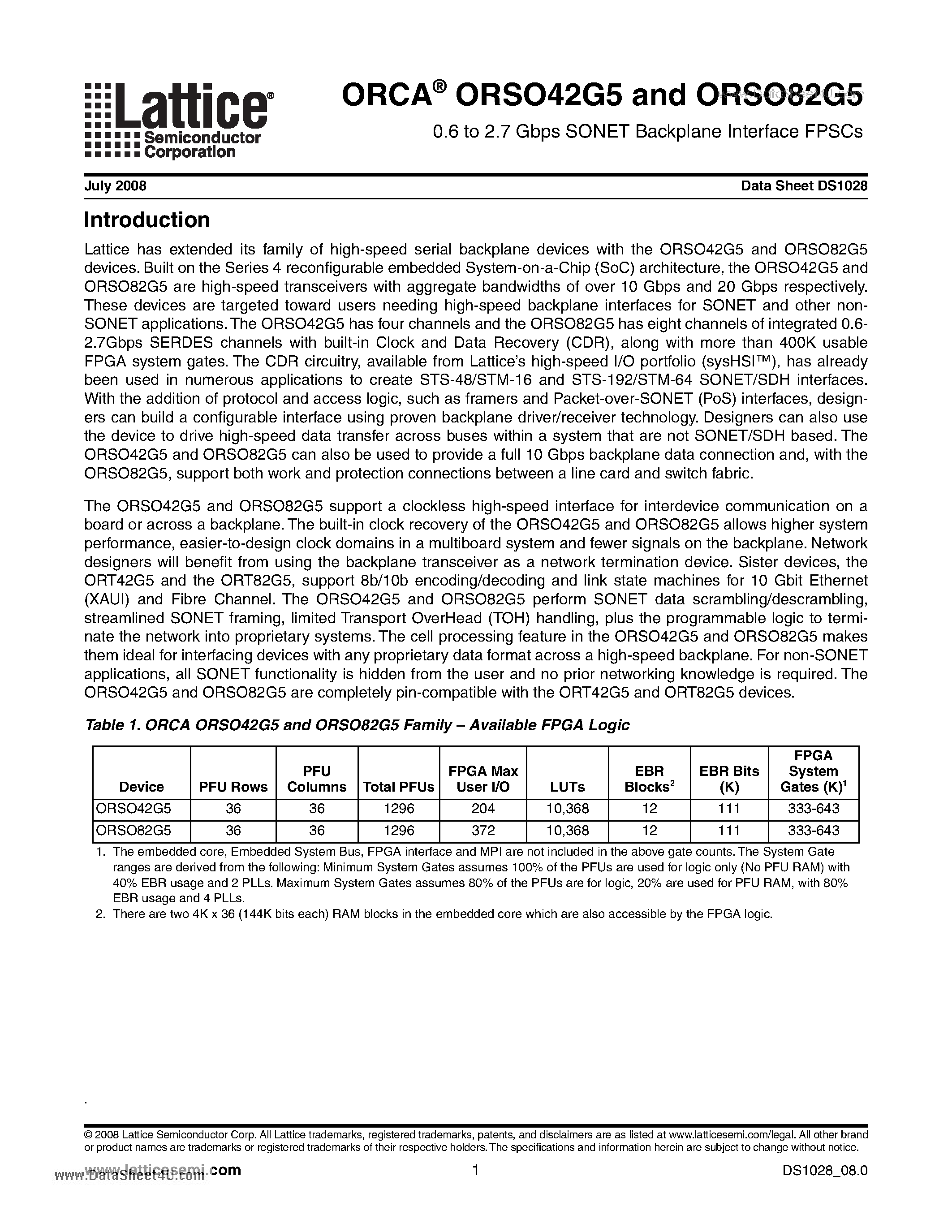 Даташит на микросхему ORSO42G5 страница 1 Даташит ORSO42G5 - (ORSO42G5 / ORSO82G5) 0.6 to 2.7 Gbps SONET Backplane Interface FPSCs страница 1