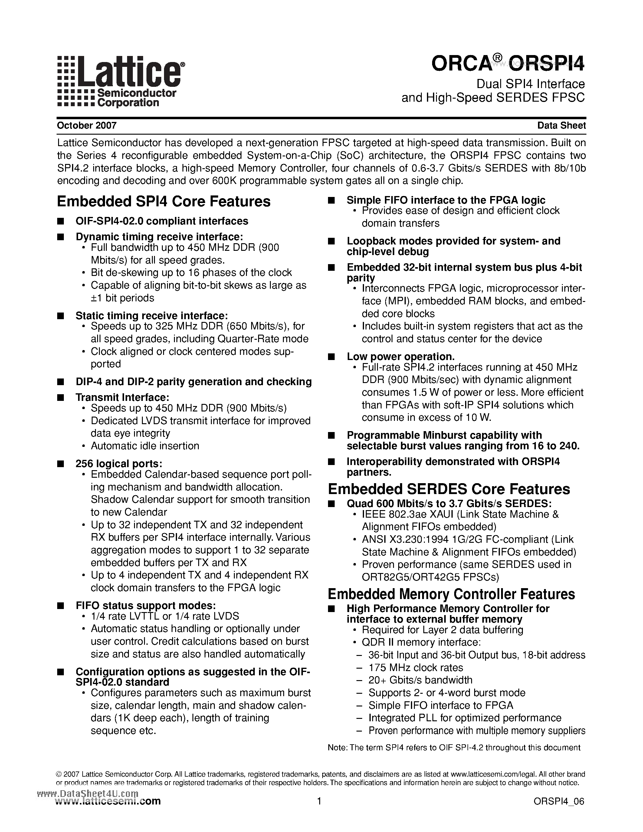 Datasheet ORSPI4 page 1 Datasheet ORSPI4 - Dual SPI4 Interface and High-Speed SERDES FPSC page 1