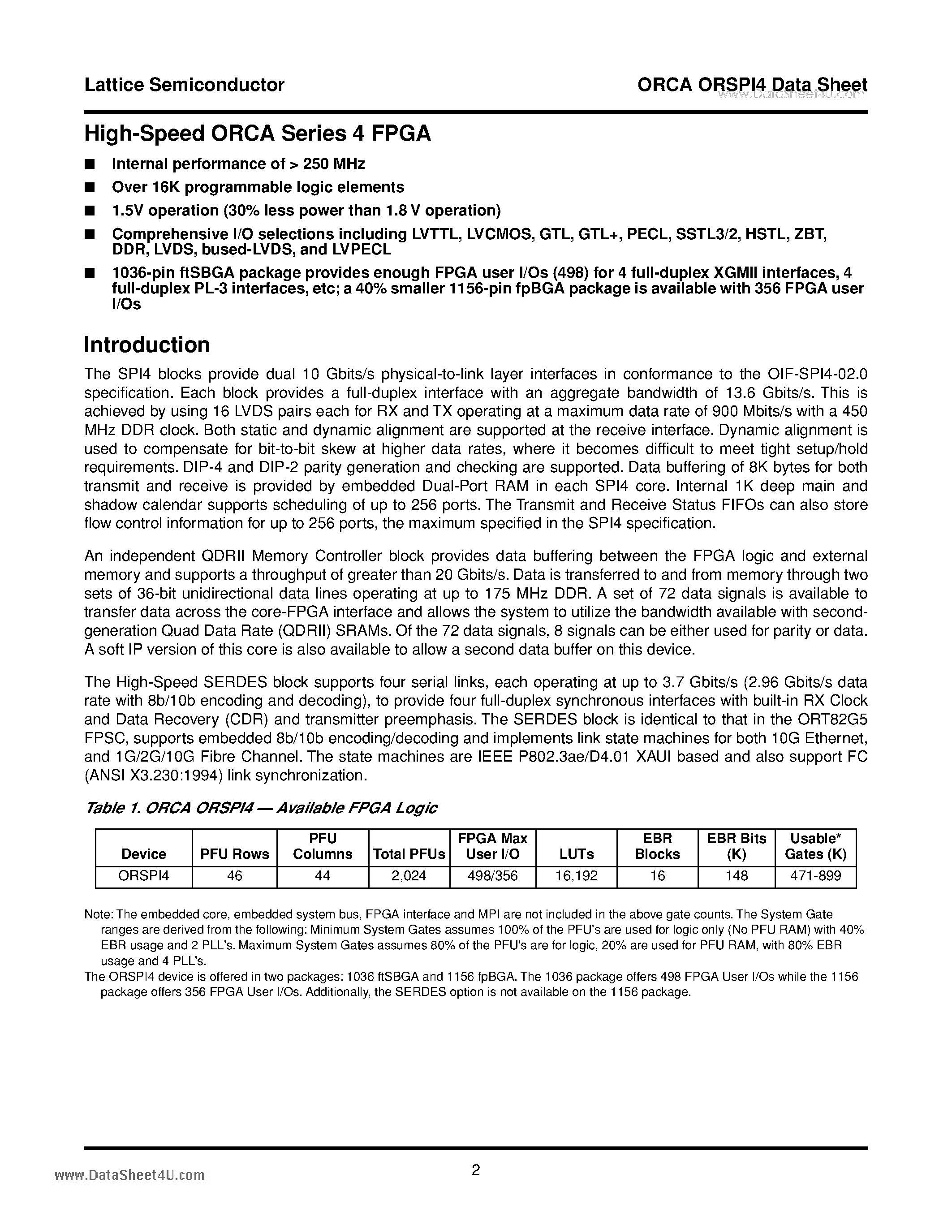 Datasheet ORSPI4 page 2 Datasheet ORSPI4 - Dual SPI4 Interface and High-Speed SERDES FPSC page 2