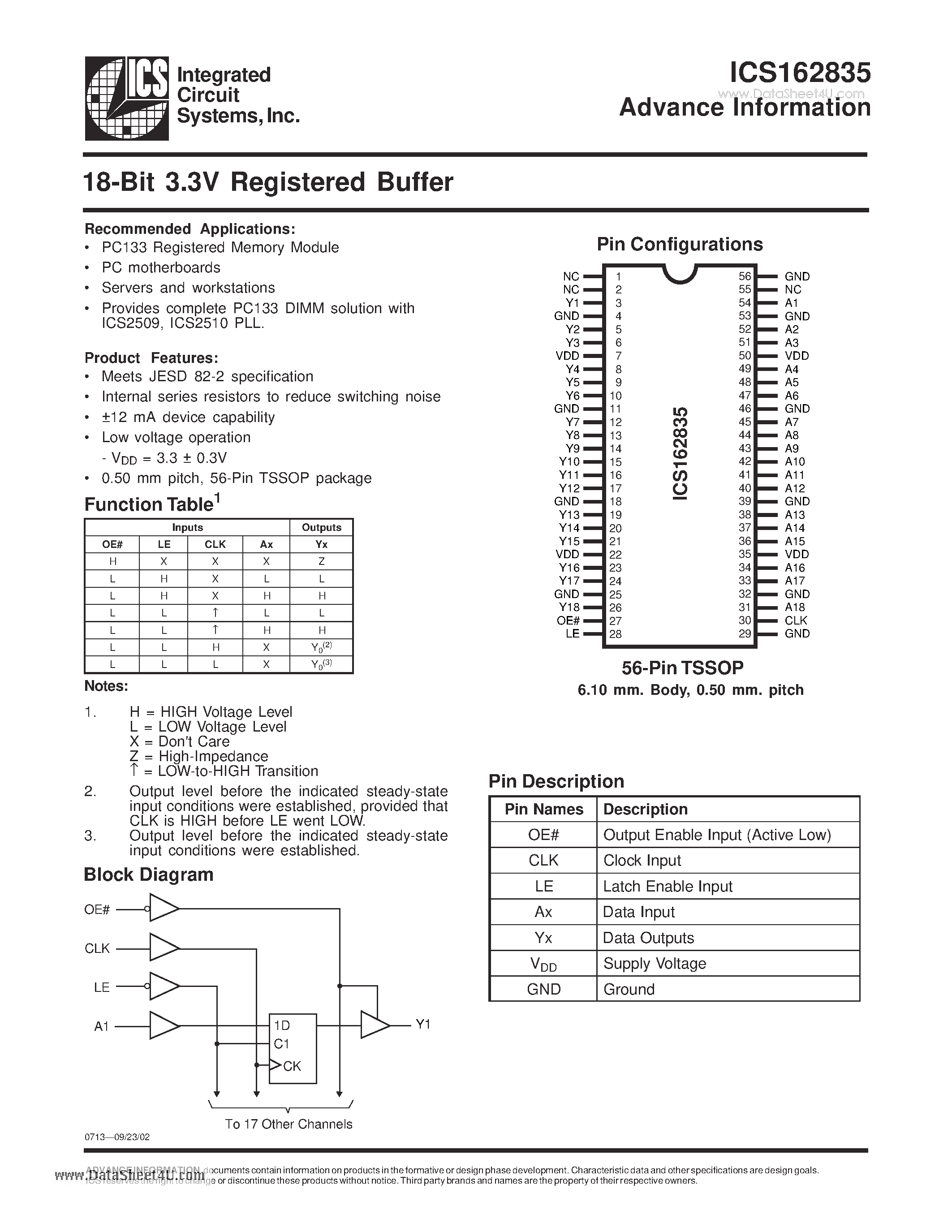 Даташит ICS162835 - 18-Bit 3.3V Registered Buffer страница 1