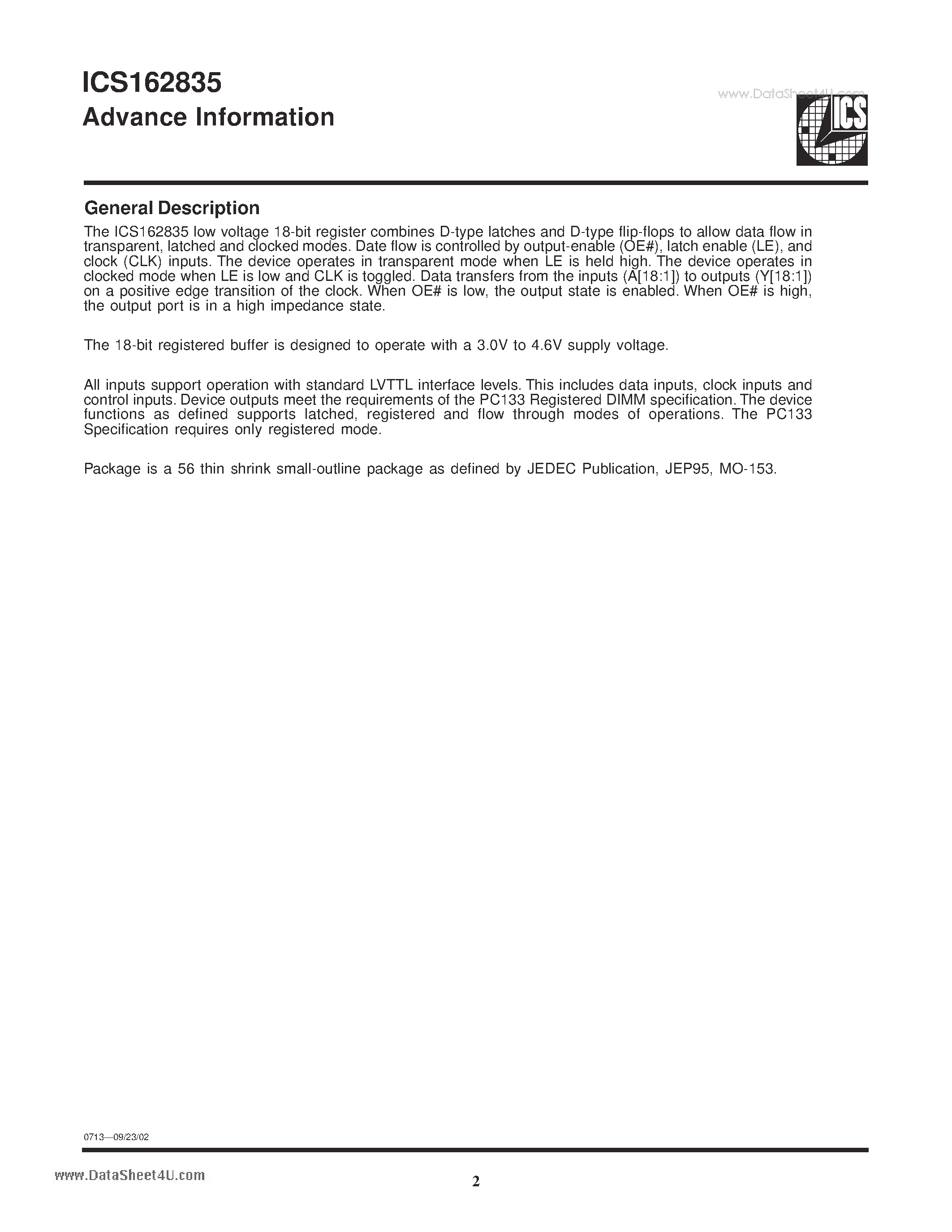 Даташит ICS162835 - 18-Bit 3.3V Registered Buffer страница 2