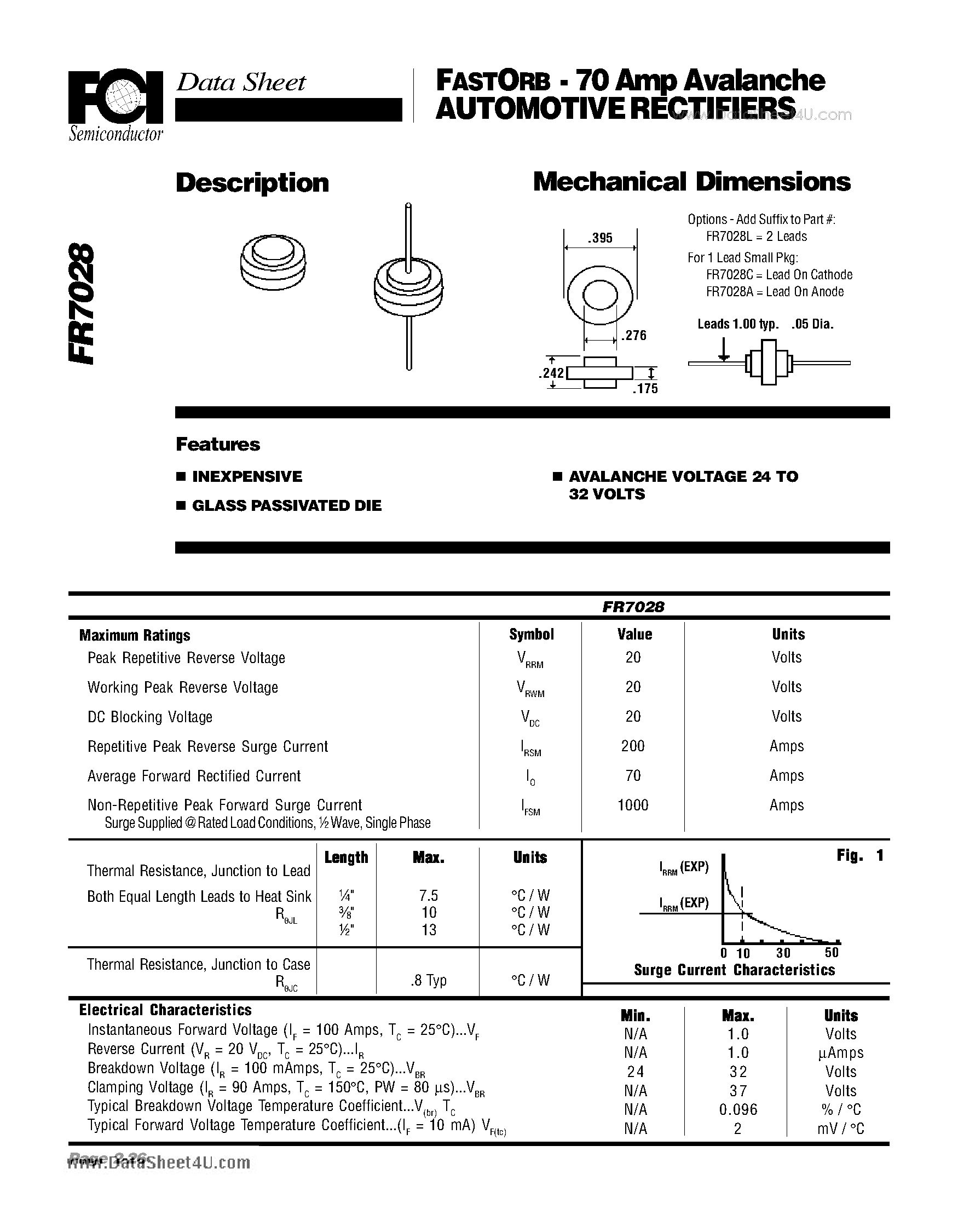Datasheet FR7028 page 1 Datasheet FR7028 - 70 Amp Avalanche AUTOMOTIVE RECTIFIERS Mechanical Dimensions page 1