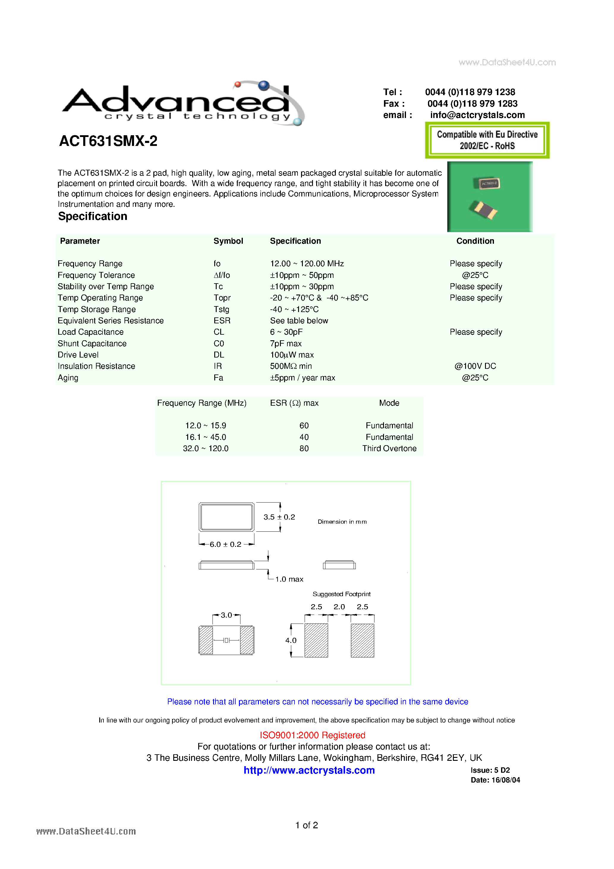 Даташит ACT631SMX-2 - crystal suitable страница 1