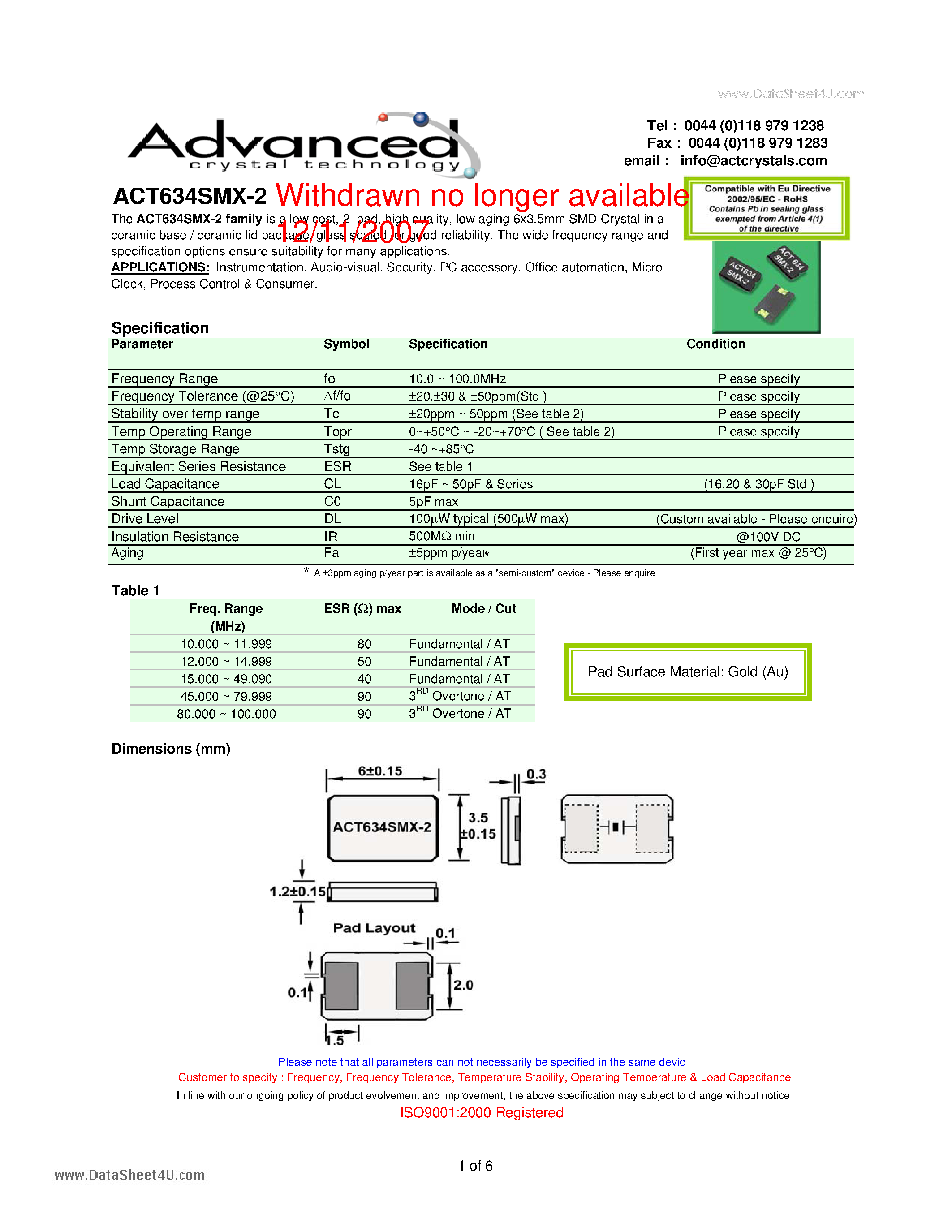 Даташит ACT634SMX-2 - low aging 6x3.5mm SMD страница 1